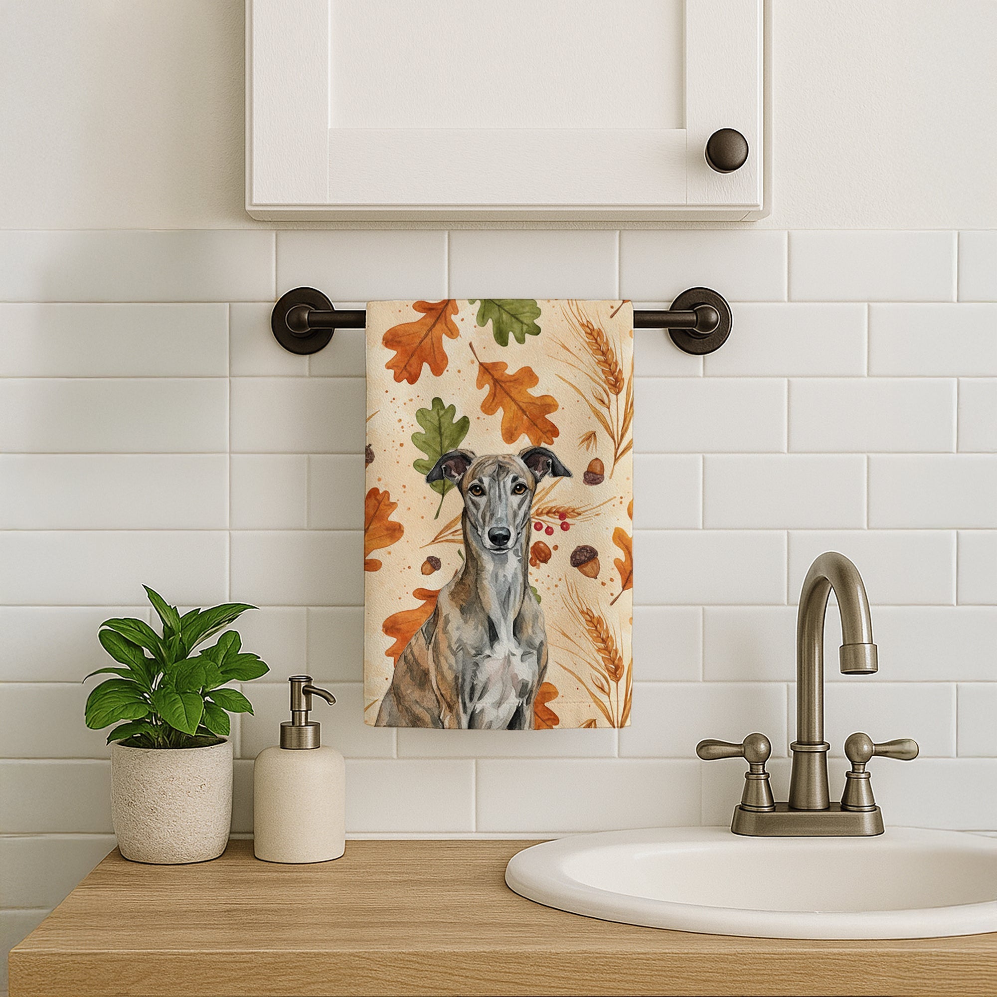 Brindle Greyhound Heirloom Fall Kitchen Towel Velour Plush Front and Cotton Loop Back Machine Washable