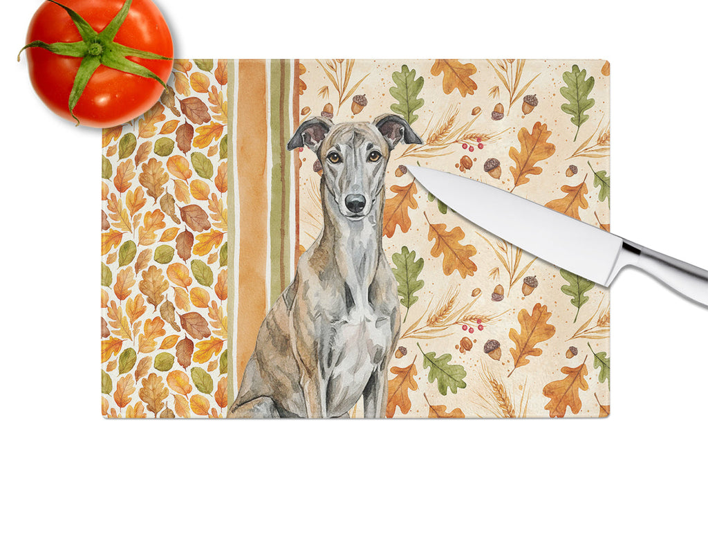 Brindle Greyhound Heirloom Fall Cutting Board Tempered Glass Kitchen Cutting Surface, Heat Resistant Chopping, Non-Slip Feet, Food Prep & Serving
