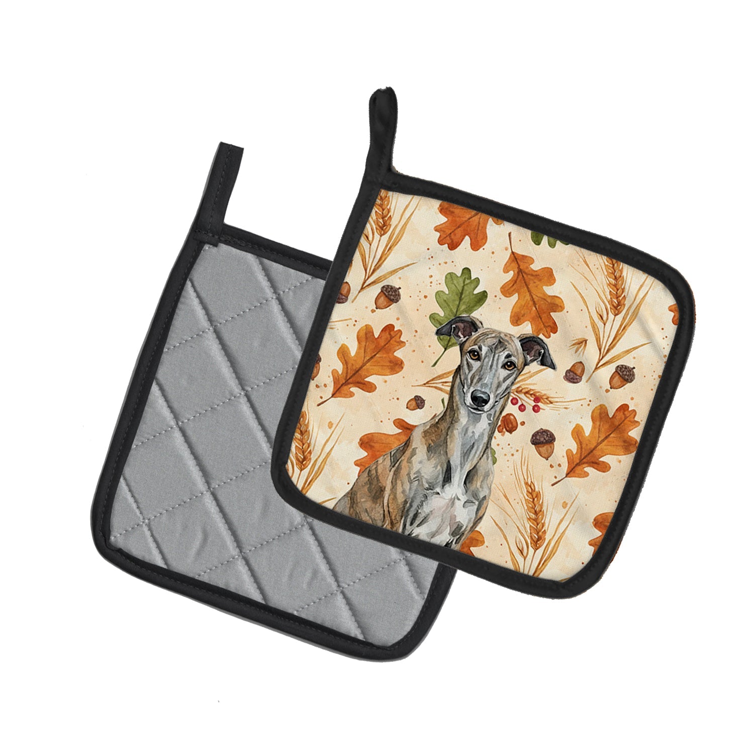 Brindle Greyhound Heirloom Fall Pot Holder Set of 2 Heat Resistant Quilted Hot Pads 7.5 x 7.5 Inch, Insulated Kitchen Trivets for Cooking & Baking