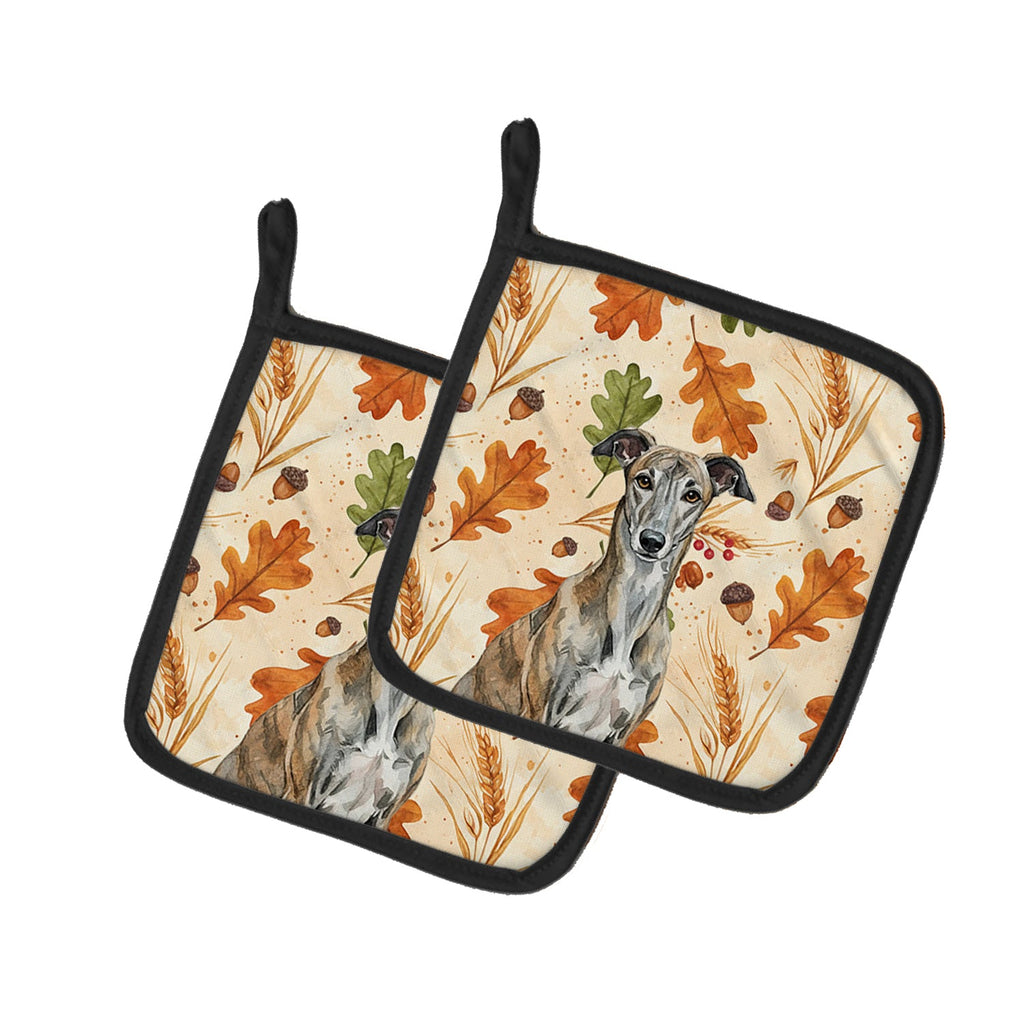 Brindle Greyhound Heirloom Fall Pot Holder Set of 2 Heat Resistant Quilted Hot Pads 7.5 x 7.5 Inch, Insulated Kitchen Trivets for Cooking & Baking