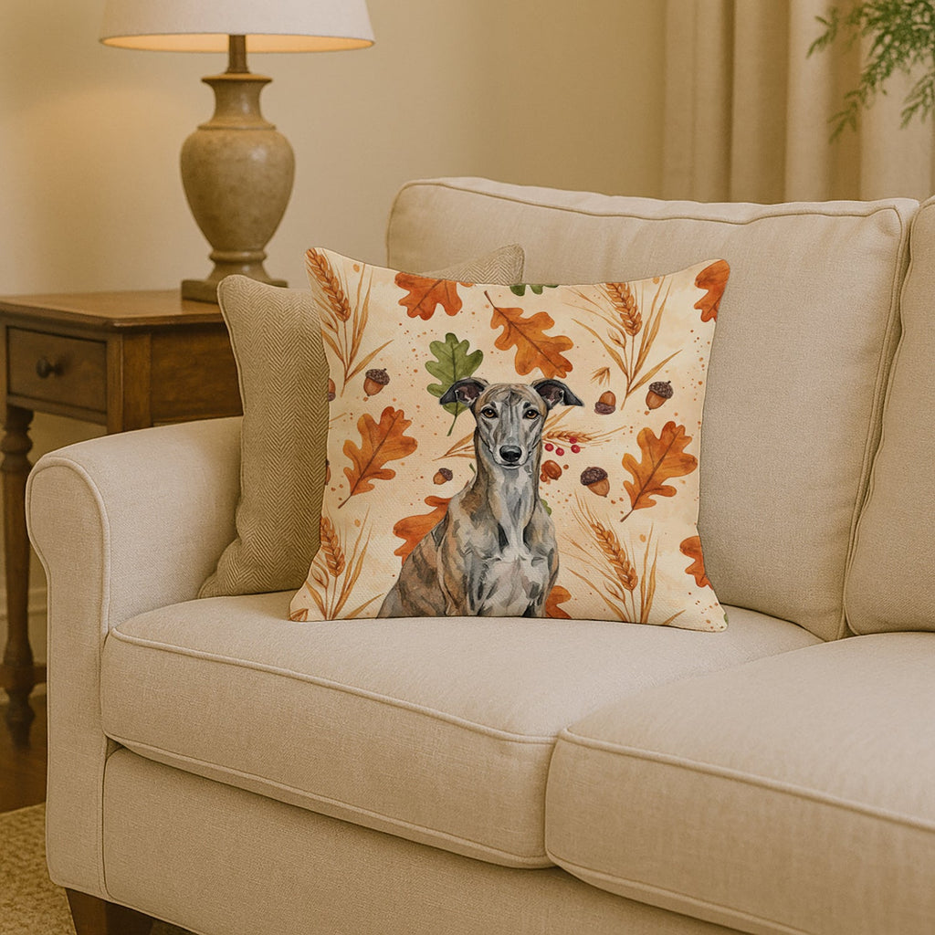 Brindle Greyhound Heirloom Fall Decorative Throw Pillow 14x14 Indoor Outdoor Accent Cushion, Fabric Cover with Insert for Sofa, Bed, Porch & Living Room
