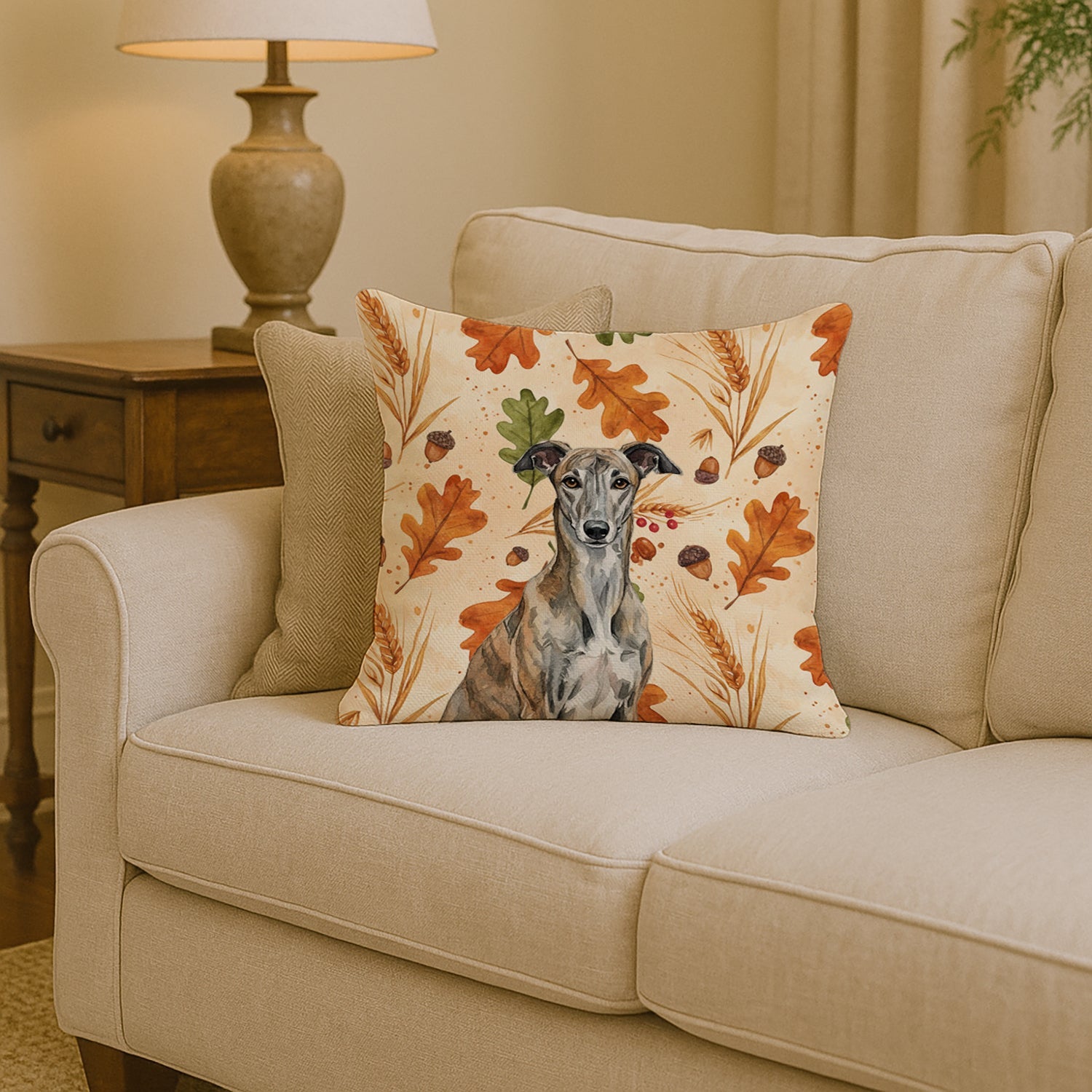 Brindle Greyhound Heirloom Fall Decorative Throw Pillow 14x14 Indoor Outdoor Accent Cushion, Fabric Cover with Insert for Sofa, Bed, Porch & Living Room