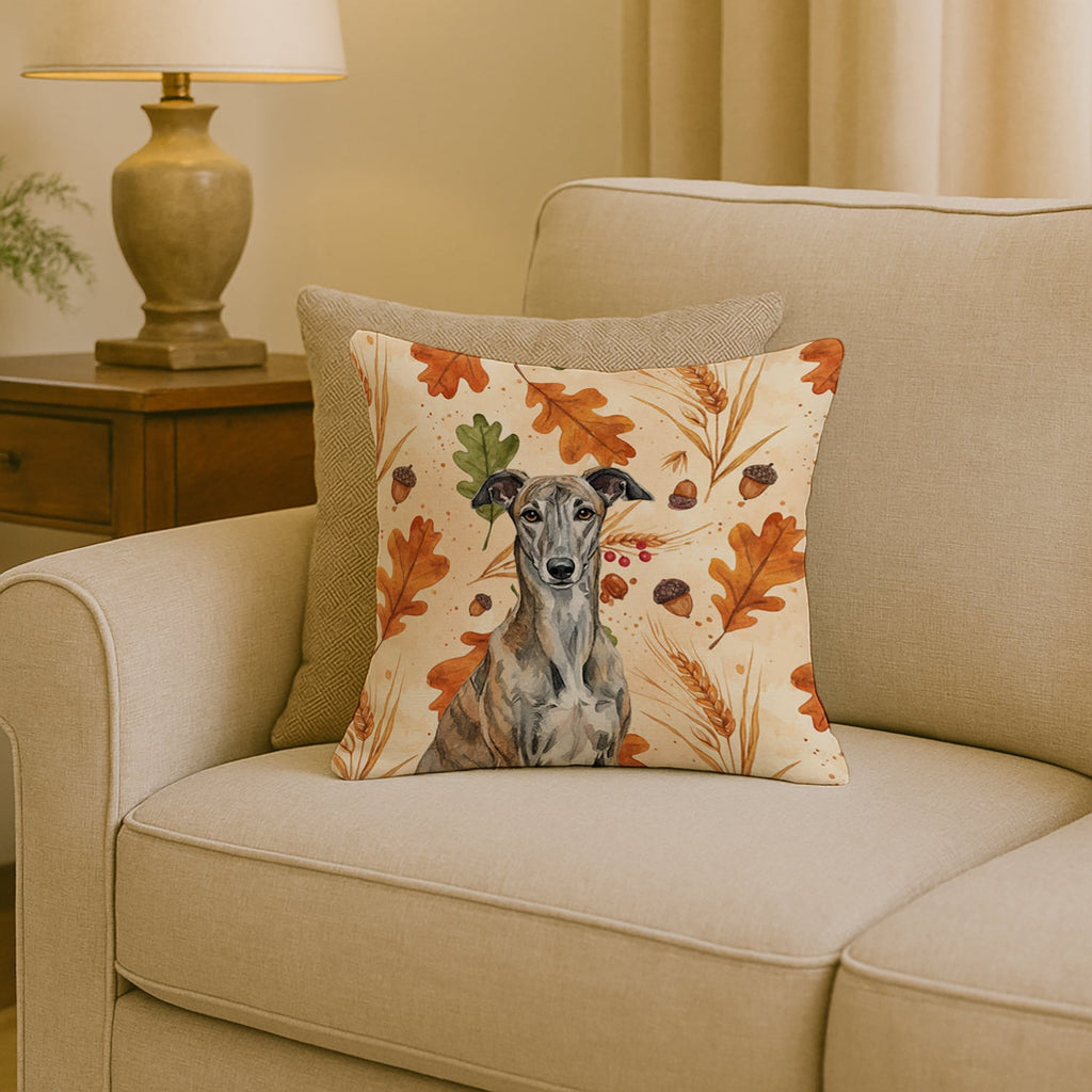 Brindle Greyhound Heirloom Fall Decorative Throw Pillow 18x18 Indoor Outdoor Accent Cushion, Fabric Cover with Insert for Sofa, Bed, Porch & Living Room