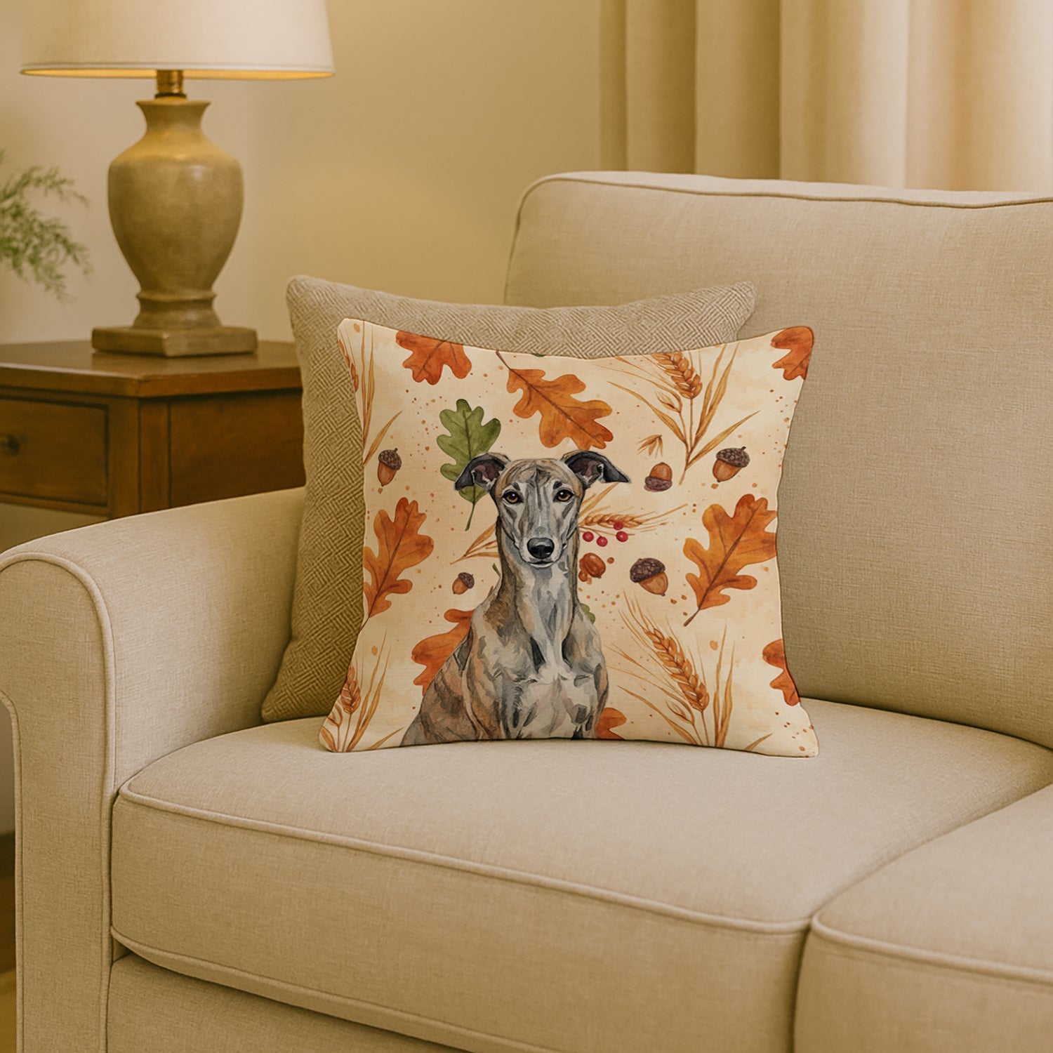 Brindle Greyhound Heirloom Fall Decorative Throw Pillow 18x18 Indoor Outdoor Accent Cushion, Fabric Cover with Insert for Sofa, Bed, Porch & Living Room