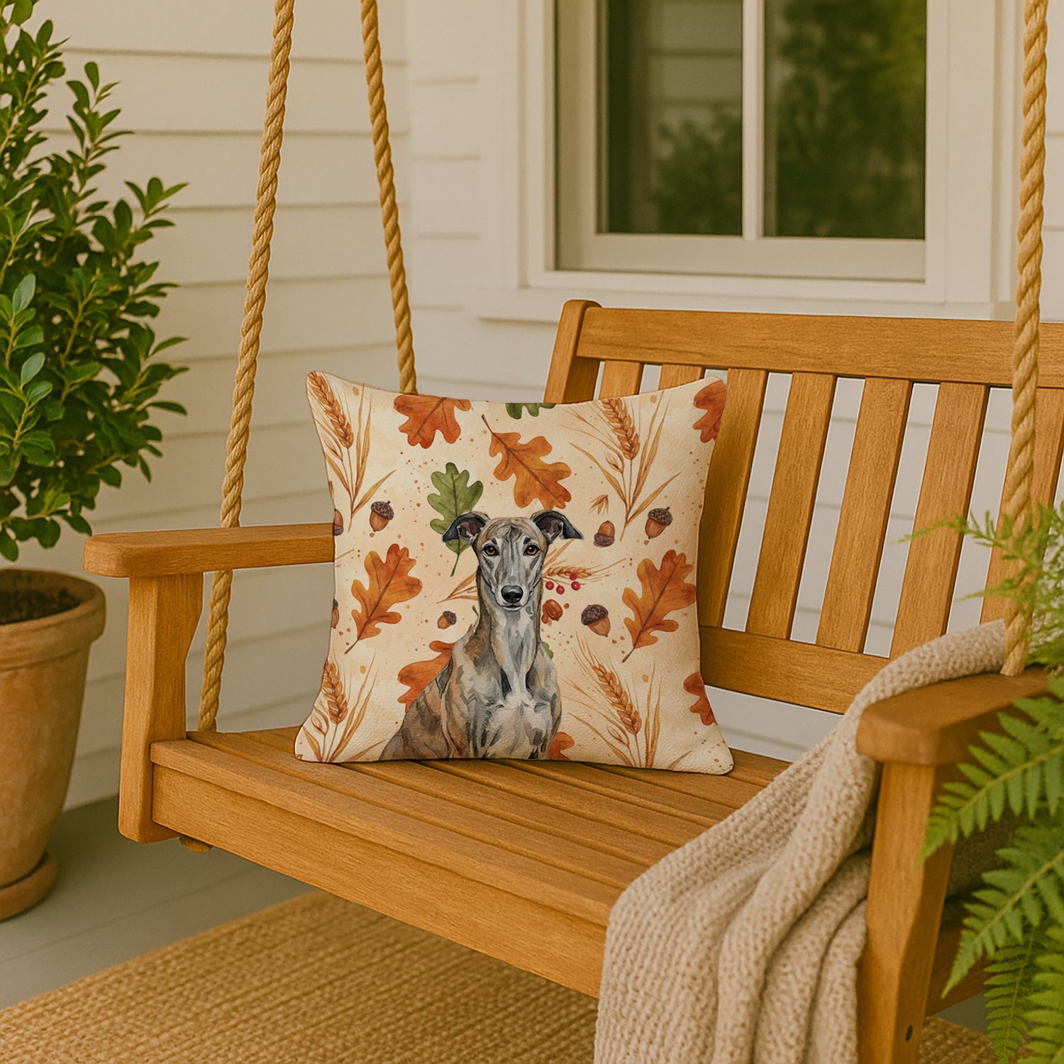Brindle Greyhound Heirloom Fall Decorative Throw Pillow 18x18 Indoor Outdoor Accent Cushion, Fabric Cover with Insert for Sofa, Bed, Porch & Living Room