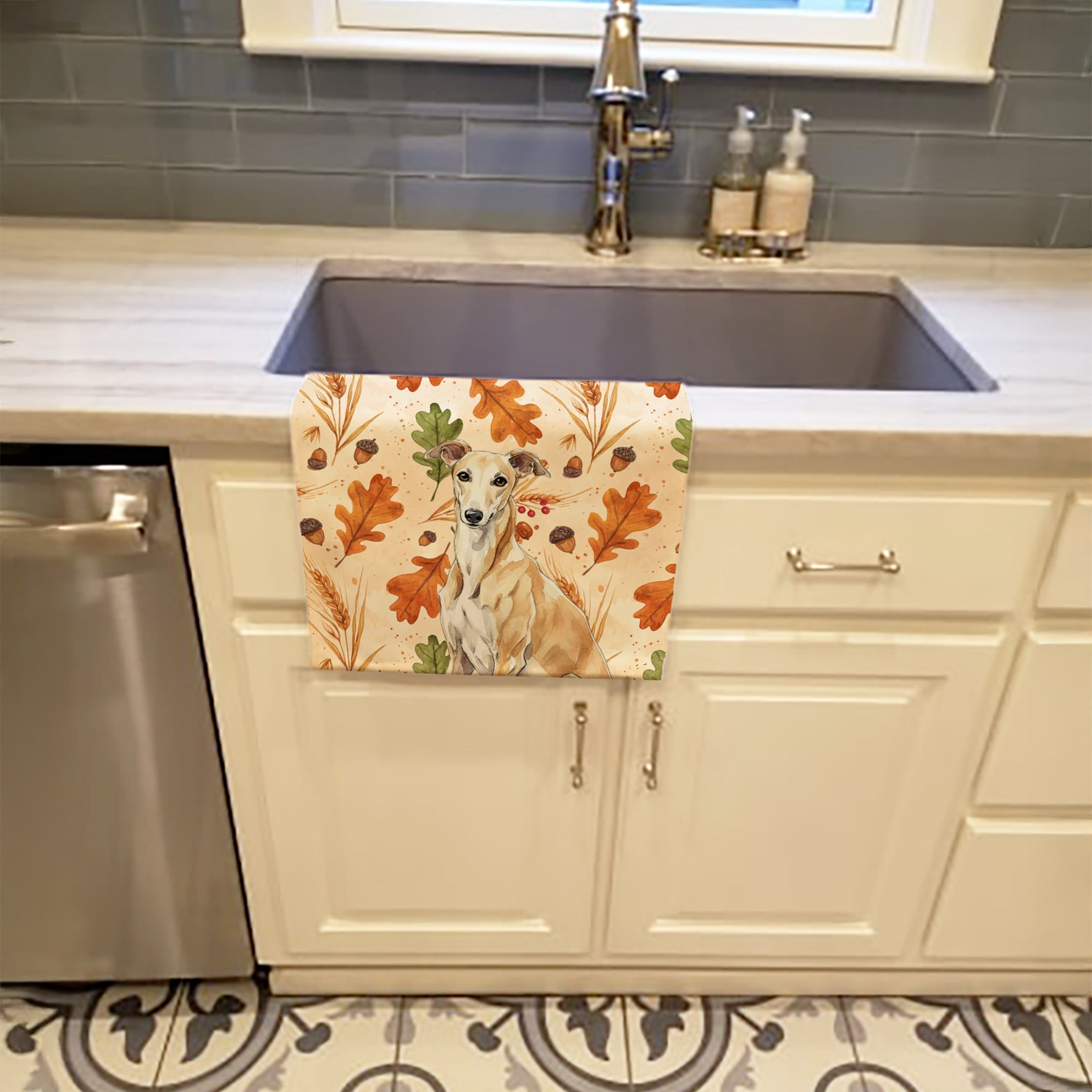Fawn Greyhound Heirloom Fall Kitchen Towel Velour Plush Front and Cotton Loop Back Machine Washable