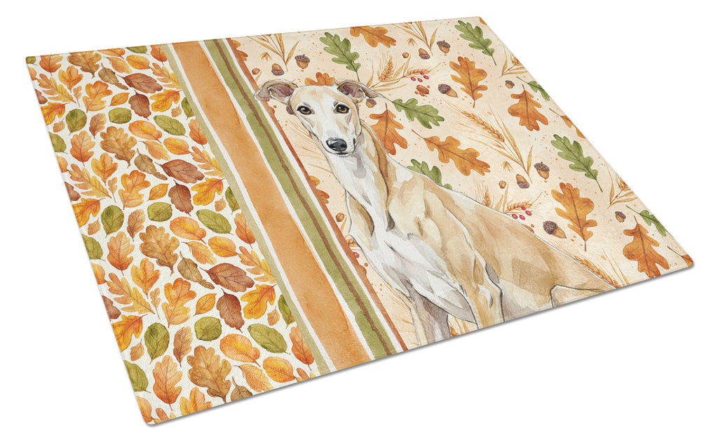 Fawn Greyhound Heirloom Fall Cutting Board Tempered Glass Kitchen Cutting Surface, Heat Resistant Chopping, Non-Slip Feet, Food Prep & Serving