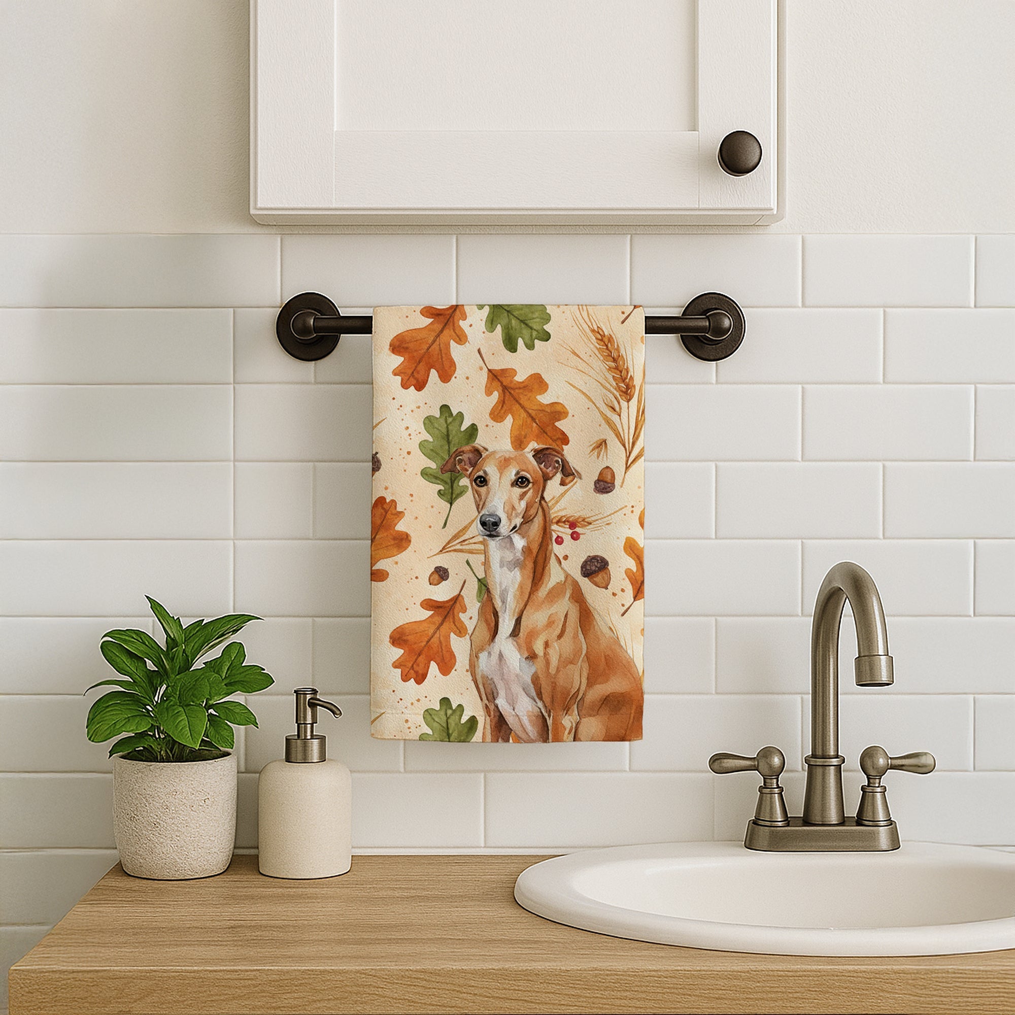 Red Greyhound Heirloom Fall Kitchen Towel Velour Plush Front and Cotton Loop Back Machine Washable