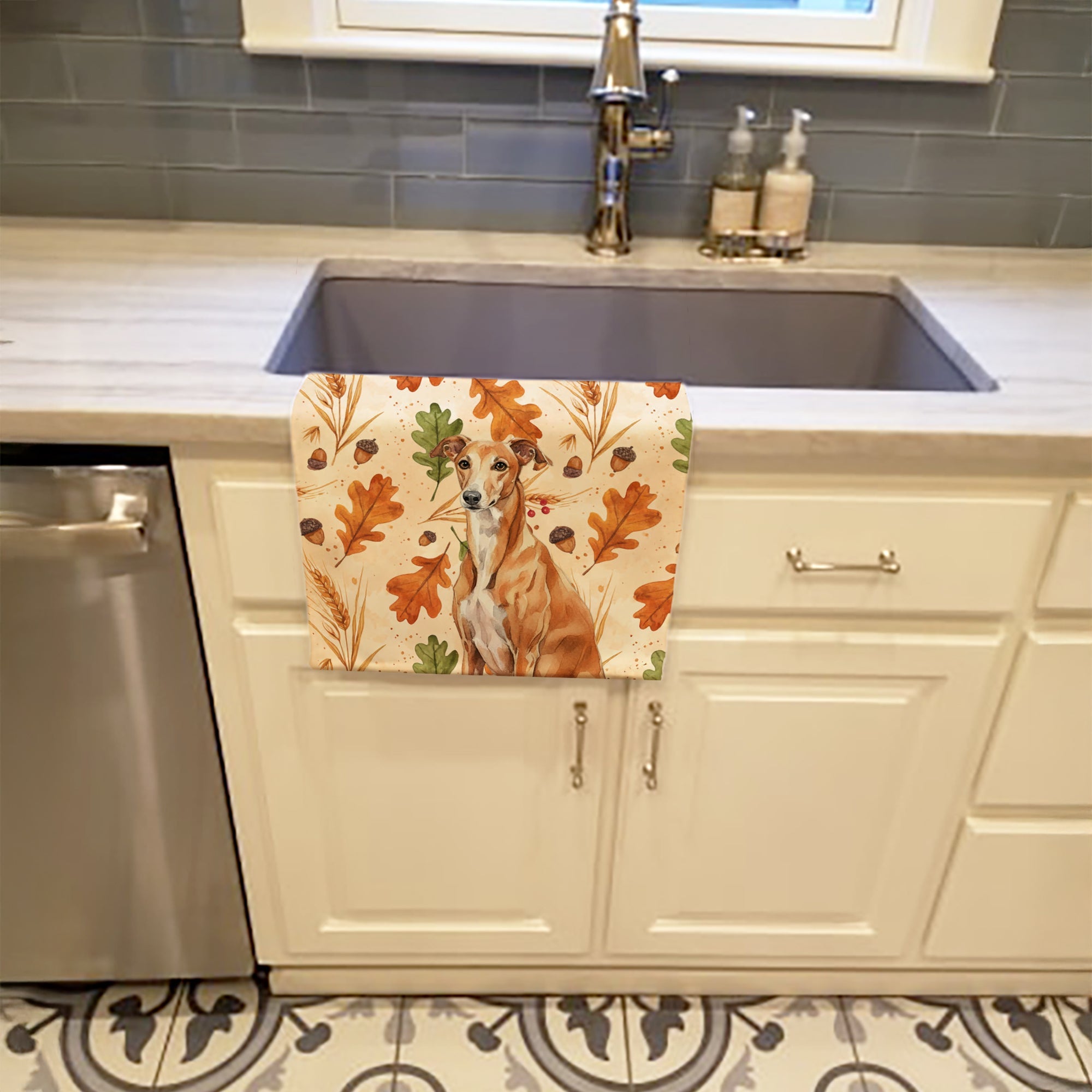 Red Greyhound Heirloom Fall Kitchen Towel Velour Plush Front and Cotton Loop Back Machine Washable
