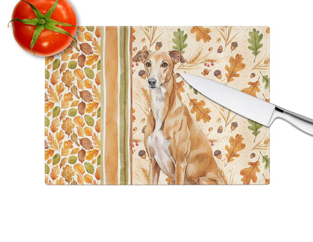 Red Greyhound Heirloom Fall Cutting Board Tempered Glass Kitchen Cutting Surface, Heat Resistant Chopping, Non-Slip Feet, Food Prep & Serving