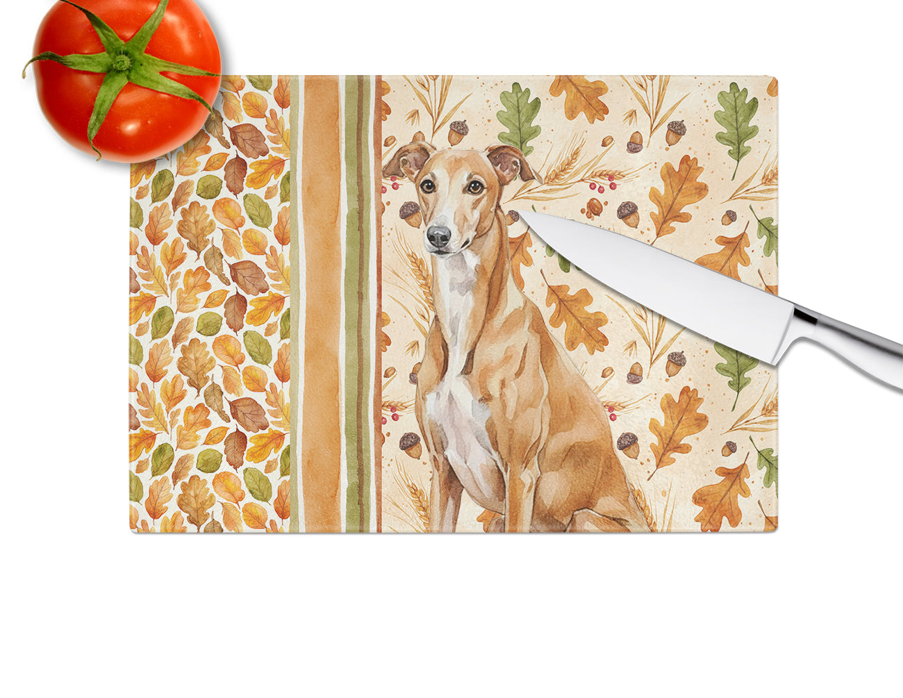 Red Greyhound Heirloom Fall Cutting Board Tempered Glass Kitchen Cutting Surface, Heat Resistant Chopping, Non-Slip Feet, Food Prep & Serving