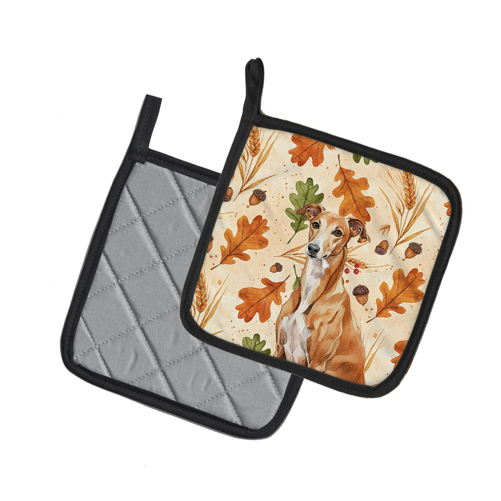 Red Greyhound Heirloom Fall Pot Holder Set of 2 Heat Resistant Quilted Hot Pads 7.5 x 7.5 Inch, Insulated Kitchen Trivets for Cooking & Baking