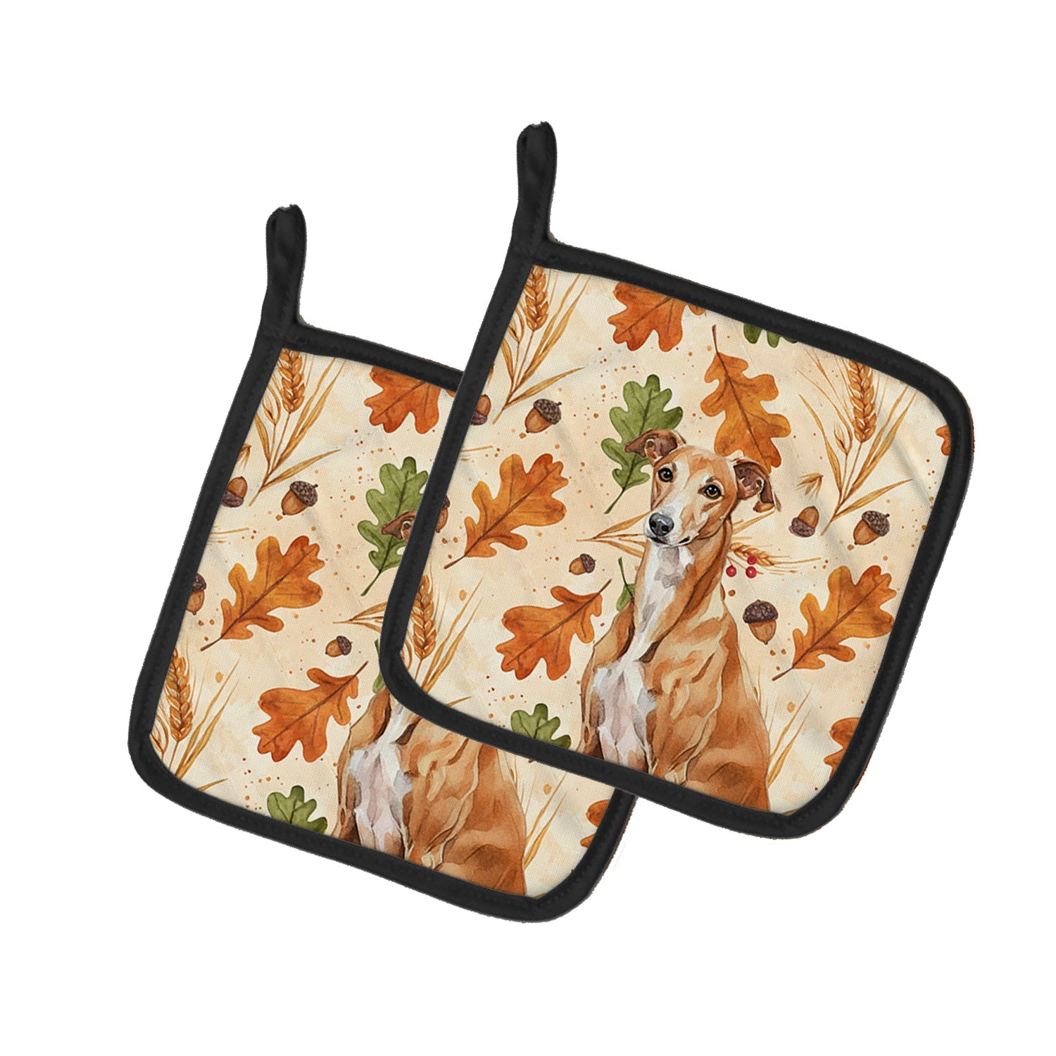 Red Greyhound Heirloom Fall Pot Holder Set of 2 Heat Resistant Quilted Hot Pads 7.5 x 7.5 Inch, Insulated Kitchen Trivets for Cooking & Baking