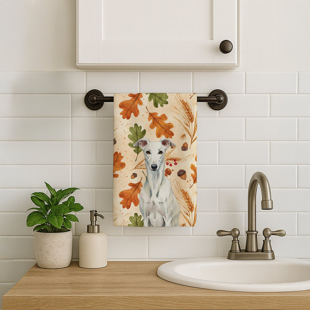 White Greyhound Heirloom Fall Kitchen Towel Velour Plush Front and Cotton Loop Back Machine Washable