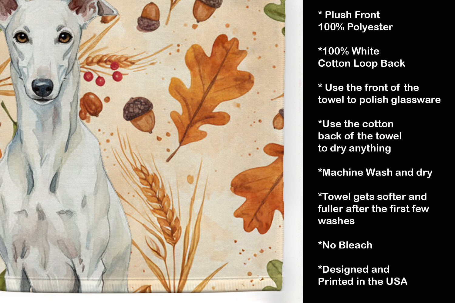 White Greyhound Heirloom Fall Kitchen Towel Velour Plush Front and Cotton Loop Back Machine Washable