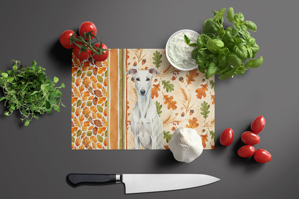 White Greyhound Heirloom Fall Cutting Board Tempered Glass Kitchen Cutting Surface, Heat Resistant Chopping, Non-Slip Feet, Food Prep & Serving
