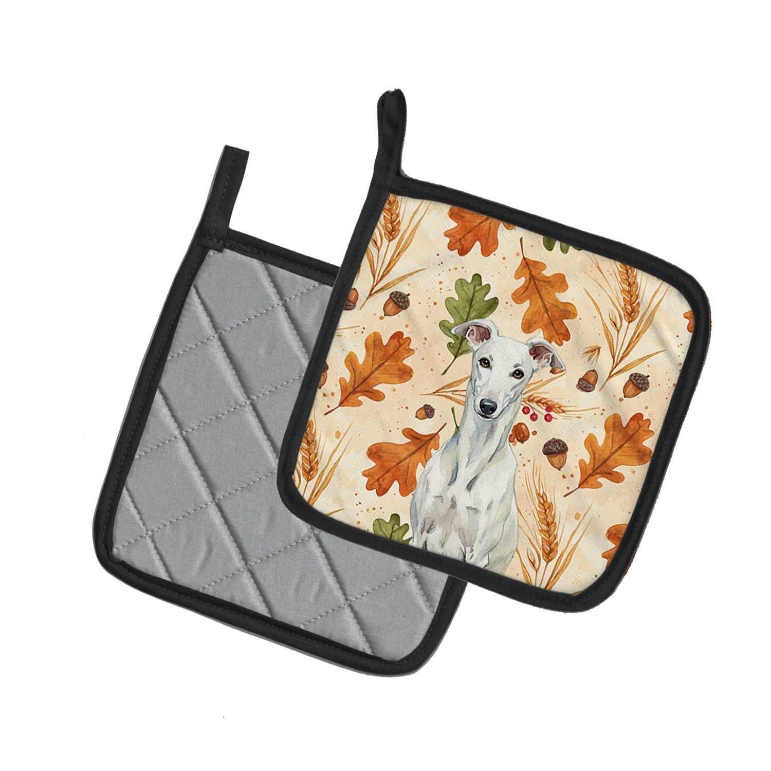 White Greyhound Heirloom Fall Pot Holder Set of 2 Heat Resistant Quilted Hot Pads 7.5 x 7.5 Inch, Insulated Kitchen Trivets for Cooking & Baking