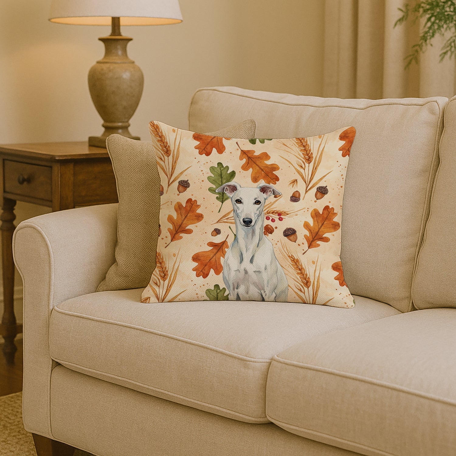 White Greyhound Heirloom Fall Decorative Throw Pillow 14x14 Indoor Outdoor Accent Cushion, Fabric Cover with Insert for Sofa, Bed, Porch & Living Room