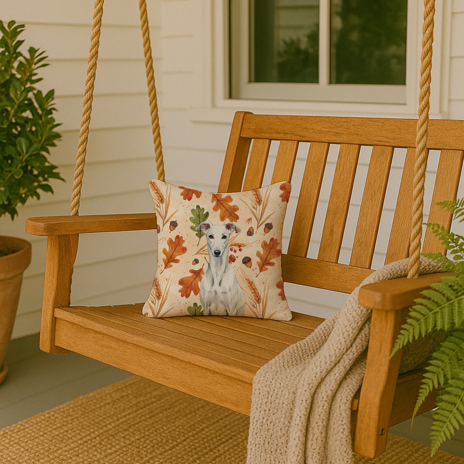 White Greyhound Heirloom Fall Decorative Throw Pillow 14x14 Indoor Outdoor Accent Cushion, Fabric Cover with Insert for Sofa, Bed, Porch & Living Room