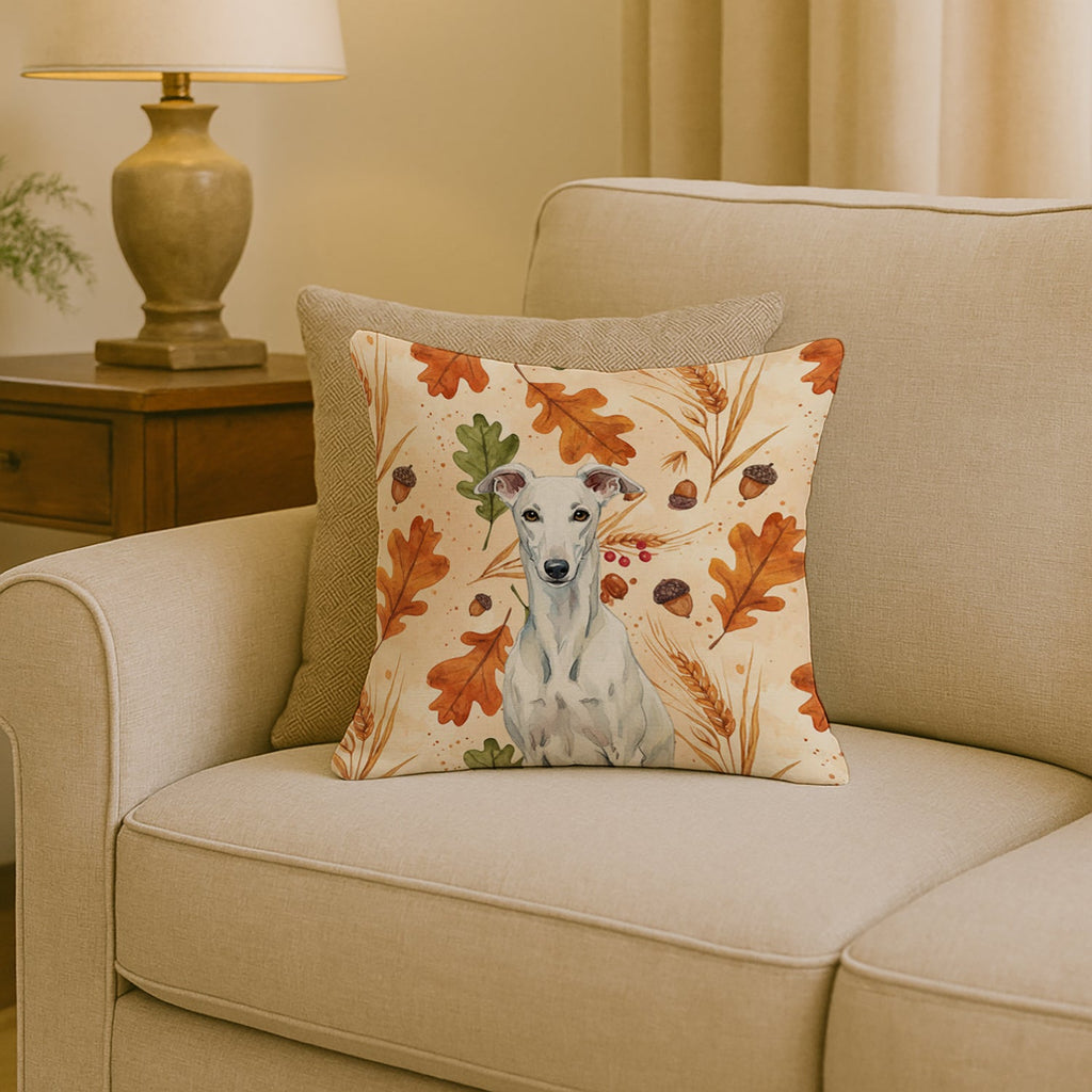 White Greyhound Heirloom Fall Decorative Throw Pillow 18x18 Indoor Outdoor Accent Cushion, Fabric Cover with Insert for Sofa, Bed, Porch & Living Room