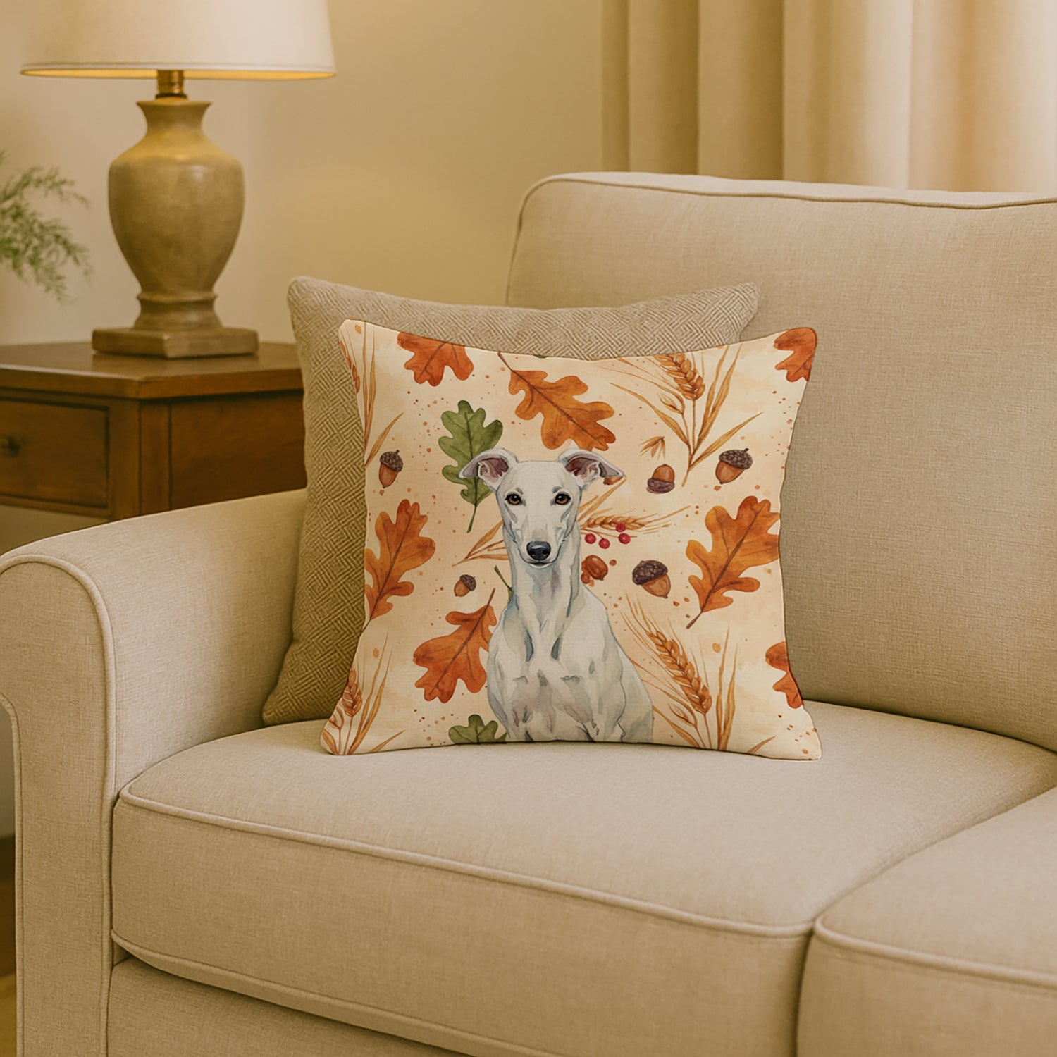 White Greyhound Heirloom Fall Decorative Throw Pillow 18x18 Indoor Outdoor Accent Cushion, Fabric Cover with Insert for Sofa, Bed, Porch & Living Room