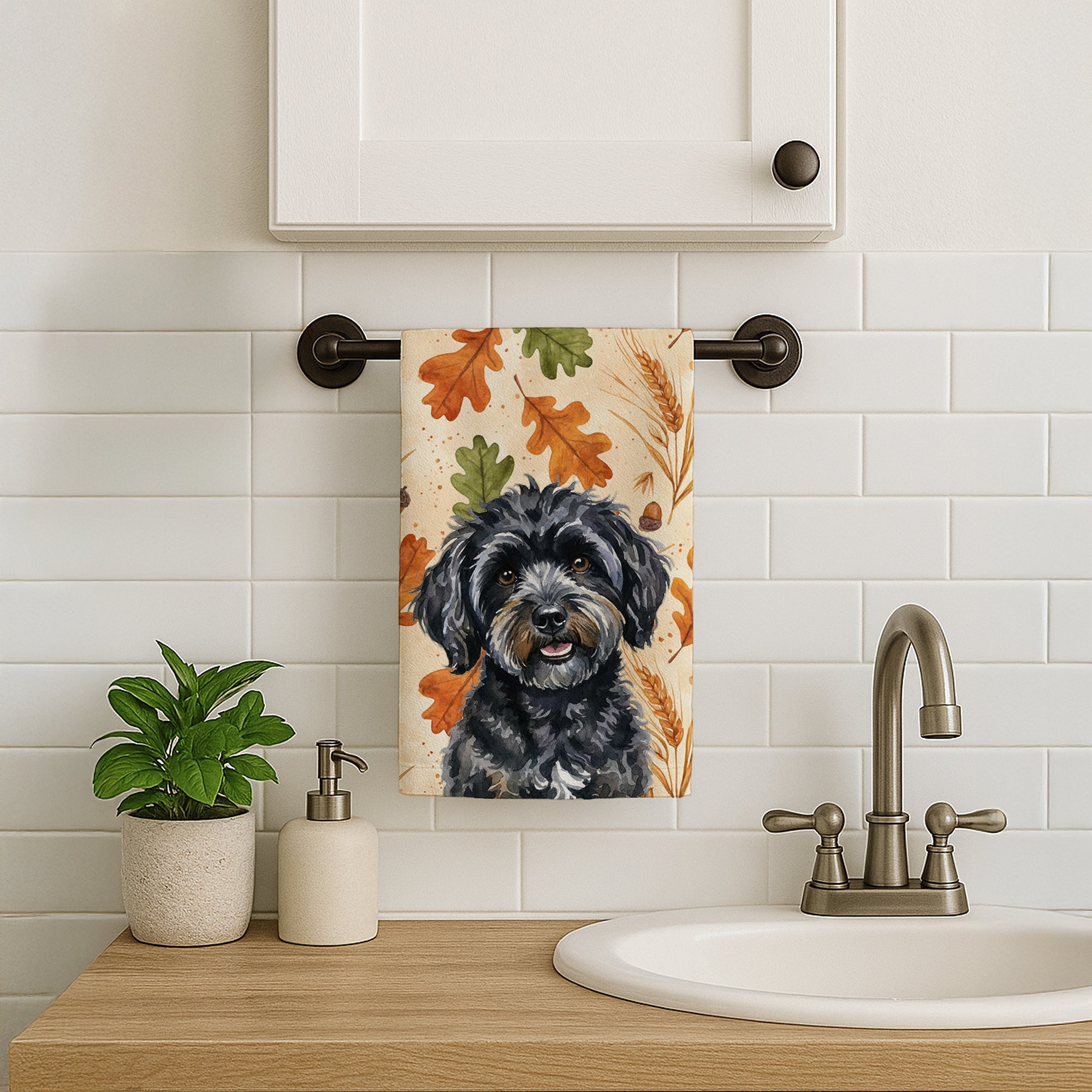 Black Havanese Heirloom Fall Kitchen Towel Velour Plush Front and Cotton Loop Back Machine Washable