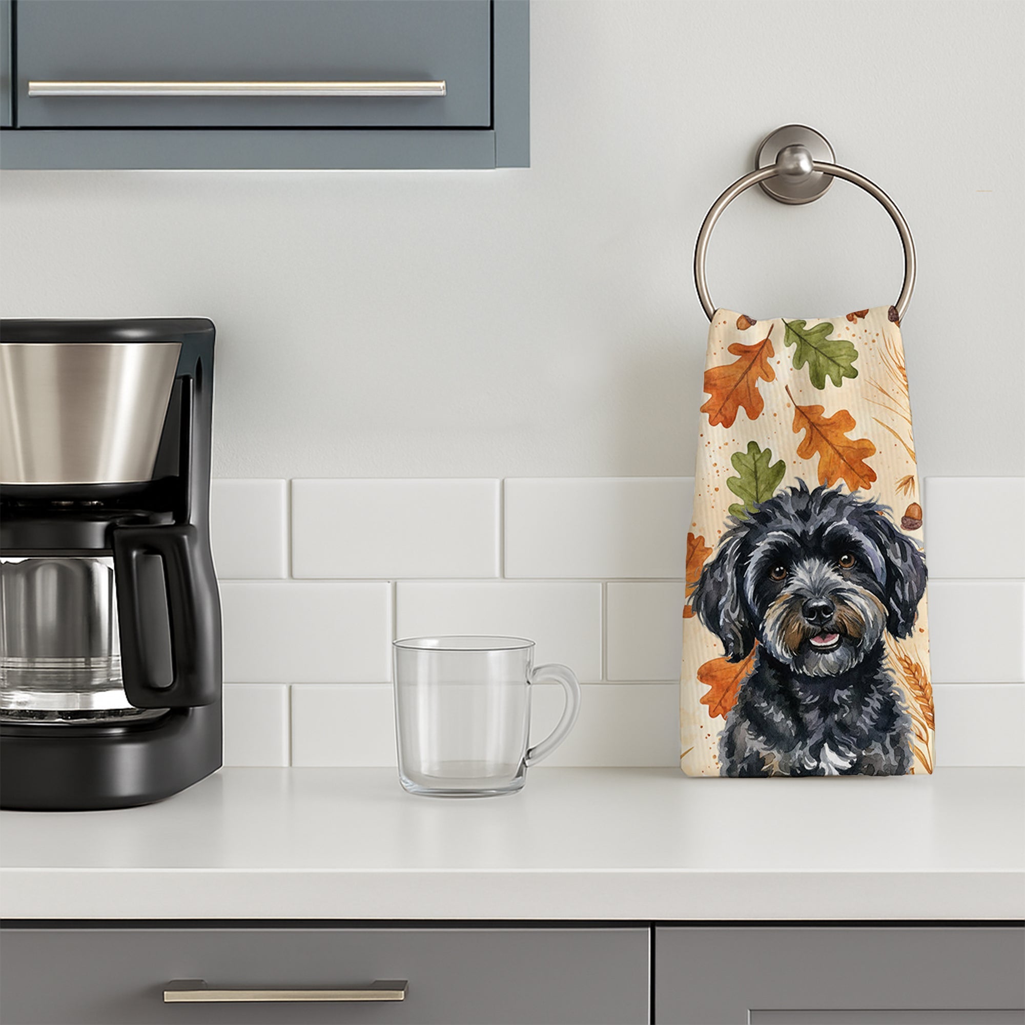 Black Havanese Heirloom Fall Kitchen Towel Velour Plush Front and Cotton Loop Back Machine Washable