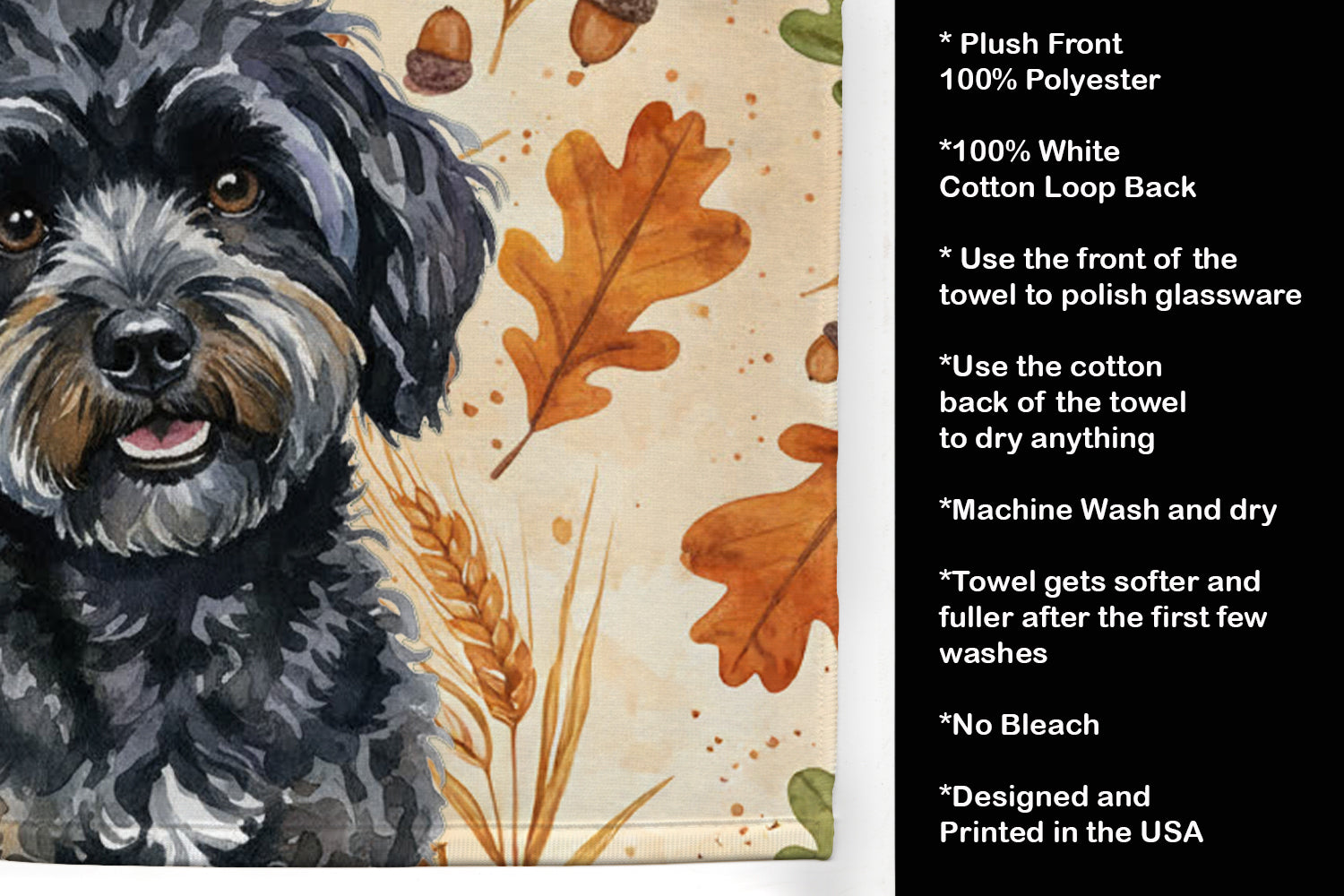 Black Havanese Heirloom Fall Kitchen Towel Velour Plush Front and Cotton Loop Back Machine Washable