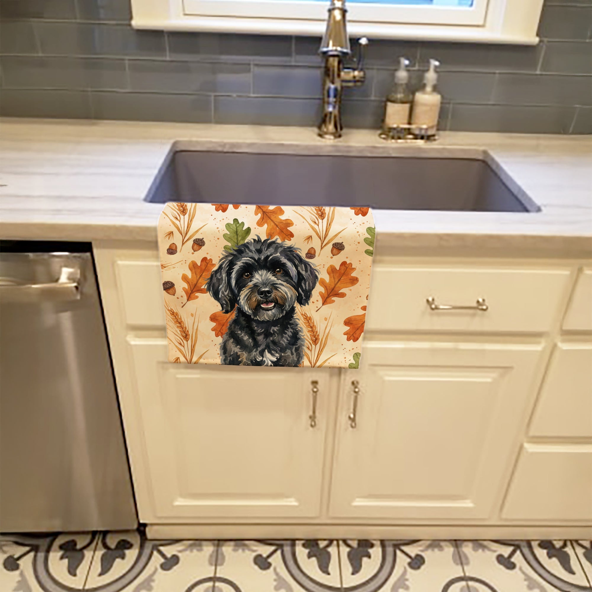 Black Havanese Heirloom Fall Kitchen Towel Velour Plush Front and Cotton Loop Back Machine Washable