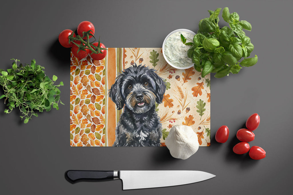 Black Havanese Heirloom Fall Cutting Board Tempered Glass Kitchen Cutting Surface, Heat Resistant Chopping, Non-Slip Feet, Food Prep & Serving