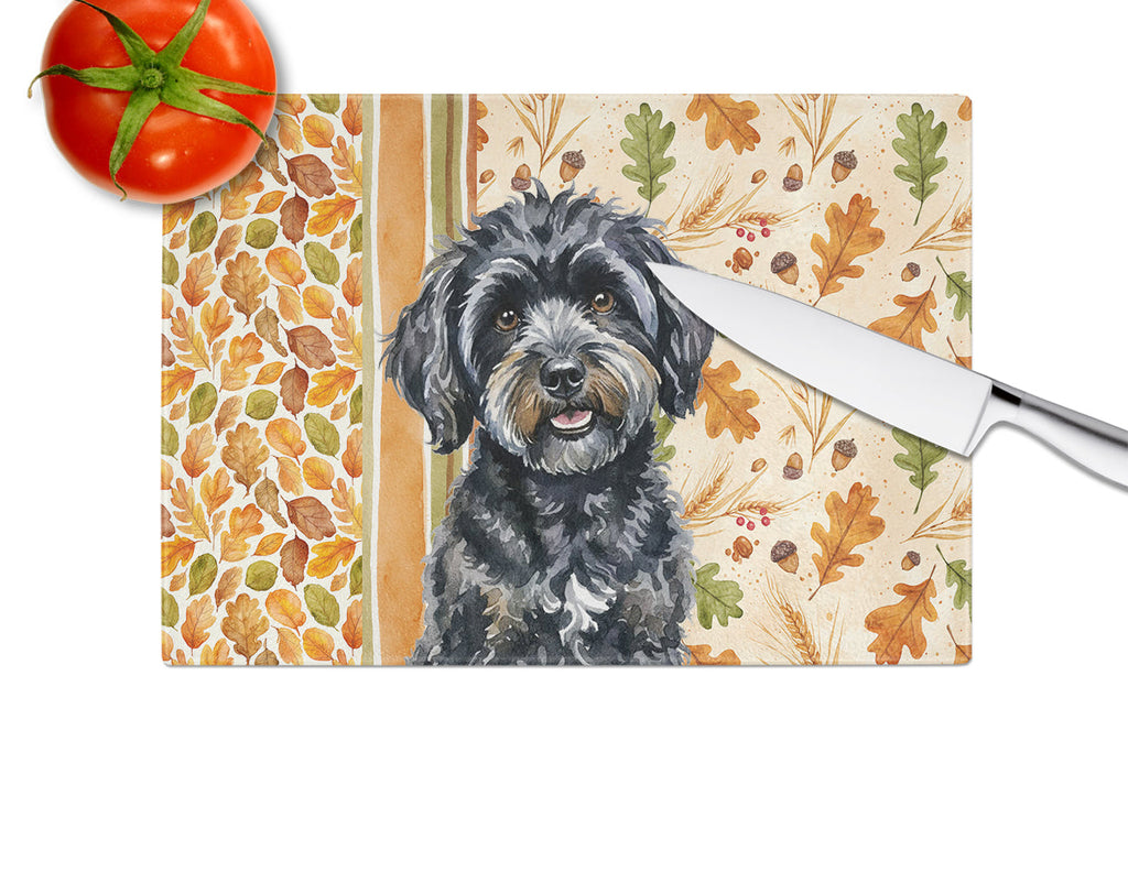 Black Havanese Heirloom Fall Cutting Board Tempered Glass Kitchen Cutting Surface, Heat Resistant Chopping, Non-Slip Feet, Food Prep & Serving