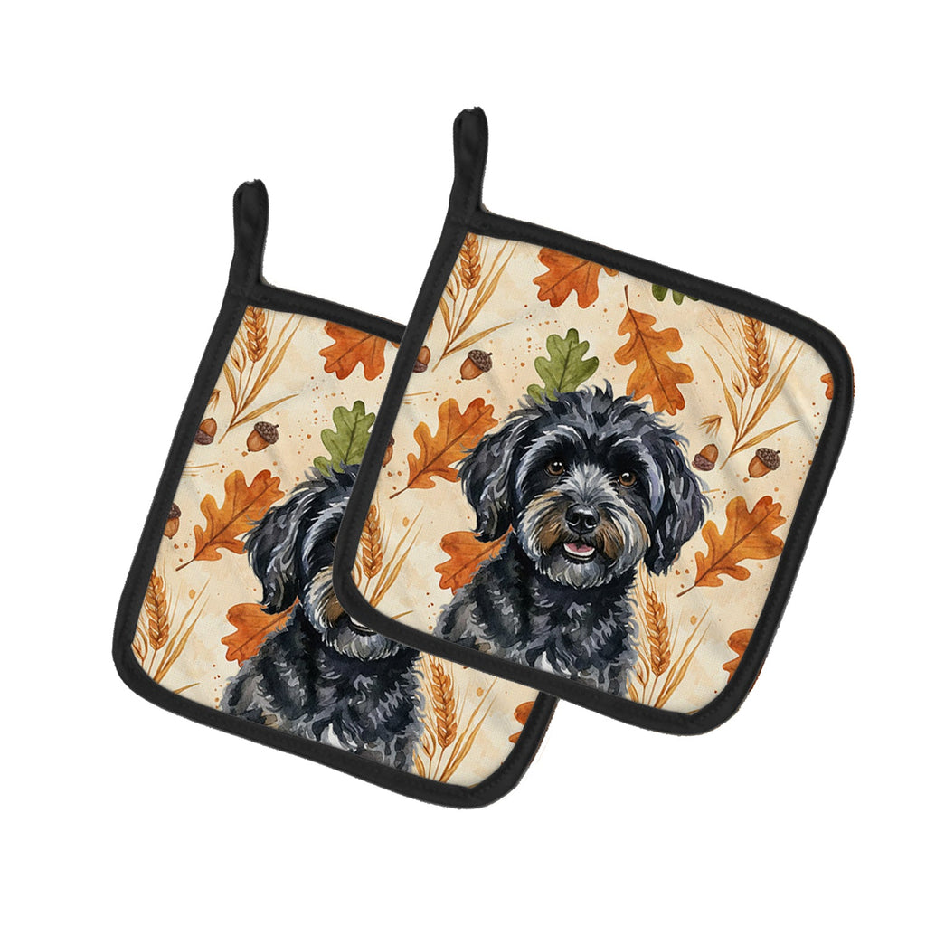 Black Havanese Heirloom Fall Pot Holder Set of 2 Heat Resistant Quilted Hot Pads 7.5 x 7.5 Inch, Insulated Kitchen Trivets for Cooking & Baking