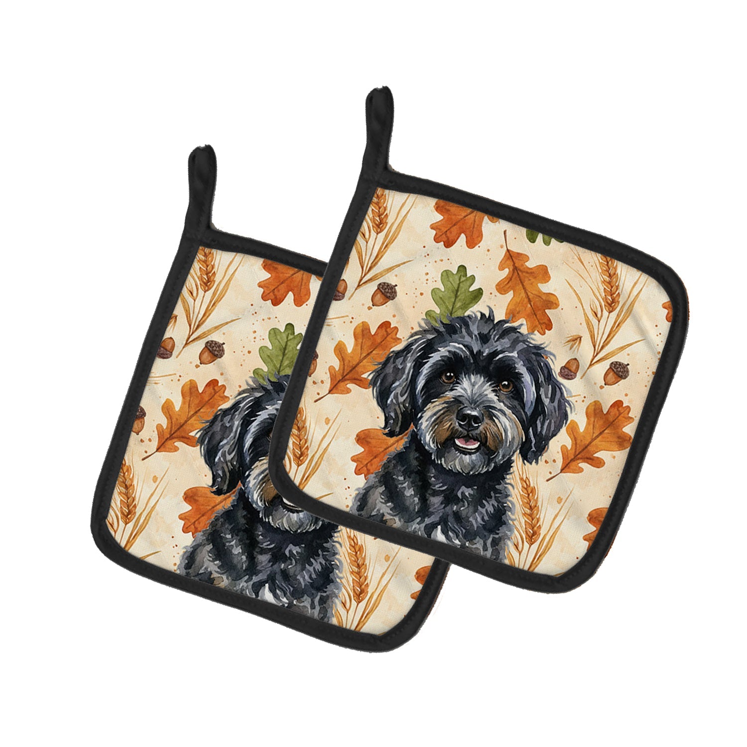 Black Havanese Heirloom Fall Pot Holder Set of 2 Heat Resistant Quilted Hot Pads 7.5 x 7.5 Inch, Insulated Kitchen Trivets for Cooking & Baking