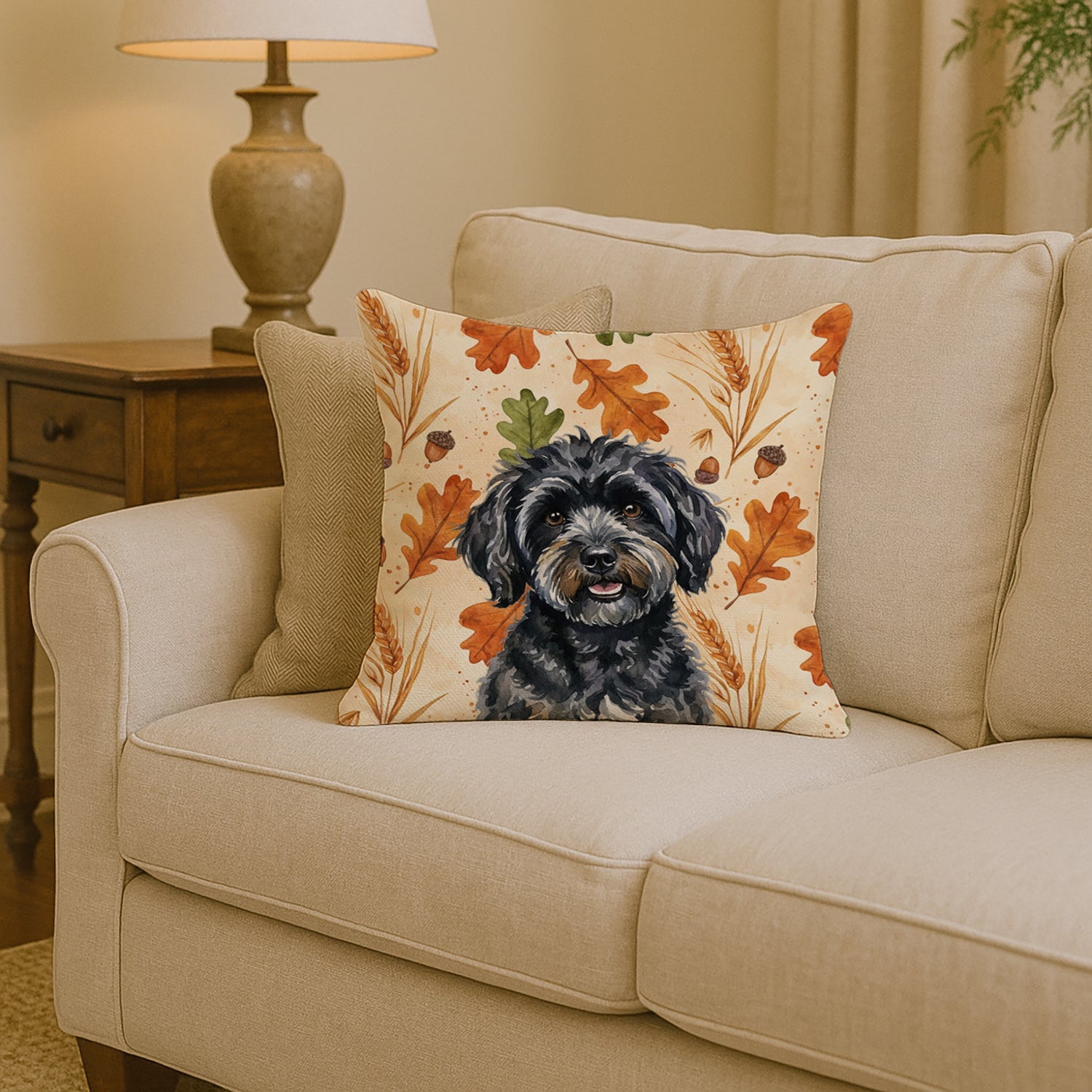 Black Havanese Heirloom Fall Decorative Throw Pillow 14x14 Indoor Outdoor Accent Cushion, Fabric Cover with Insert for Sofa, Bed, Porch & Living Room