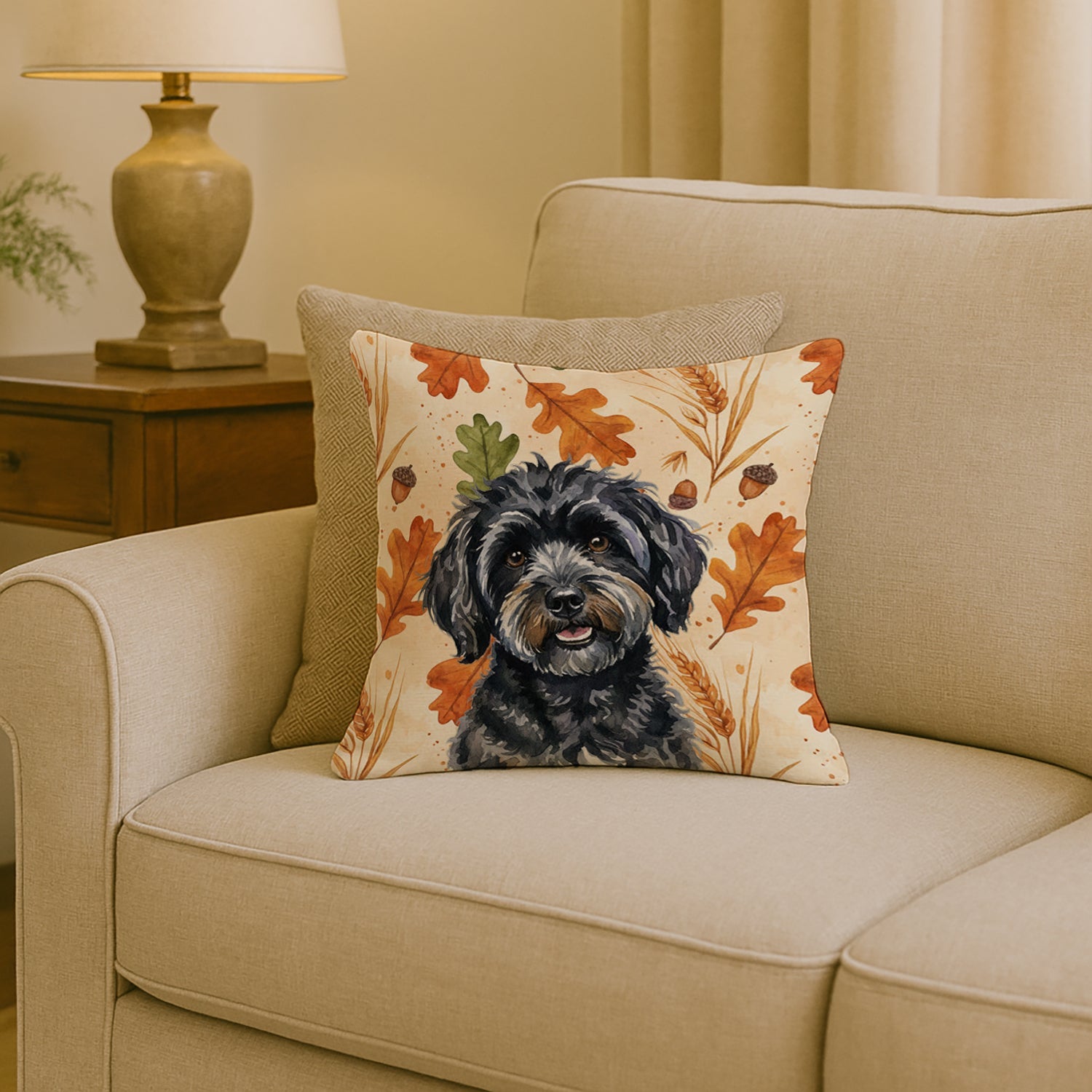 Black Havanese Heirloom Fall Decorative Throw Pillow 18x18 Indoor Outdoor Accent Cushion, Fabric Cover with Insert for Sofa, Bed, Porch & Living Room
