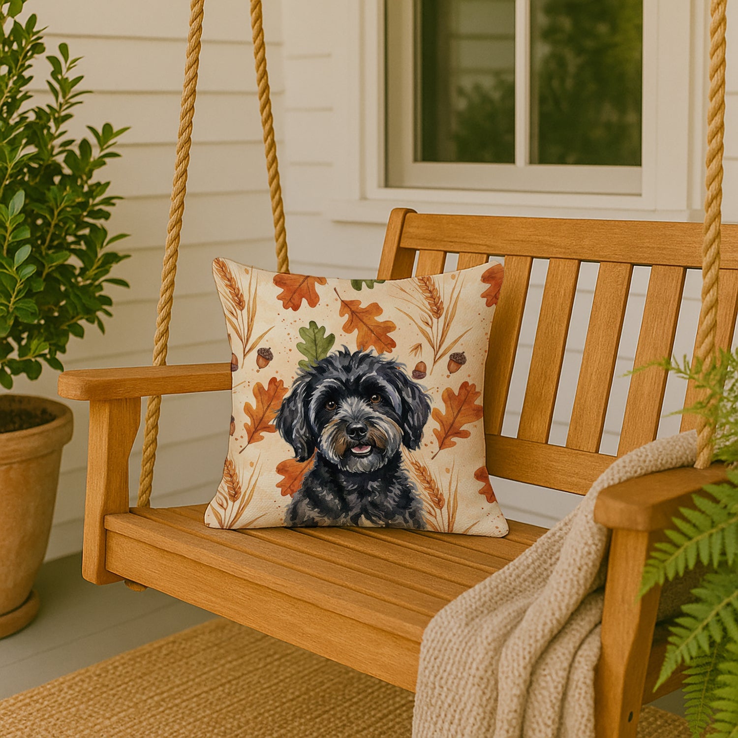 Black Havanese Heirloom Fall Decorative Throw Pillow 18x18 Indoor Outdoor Accent Cushion, Fabric Cover with Insert for Sofa, Bed, Porch & Living Room