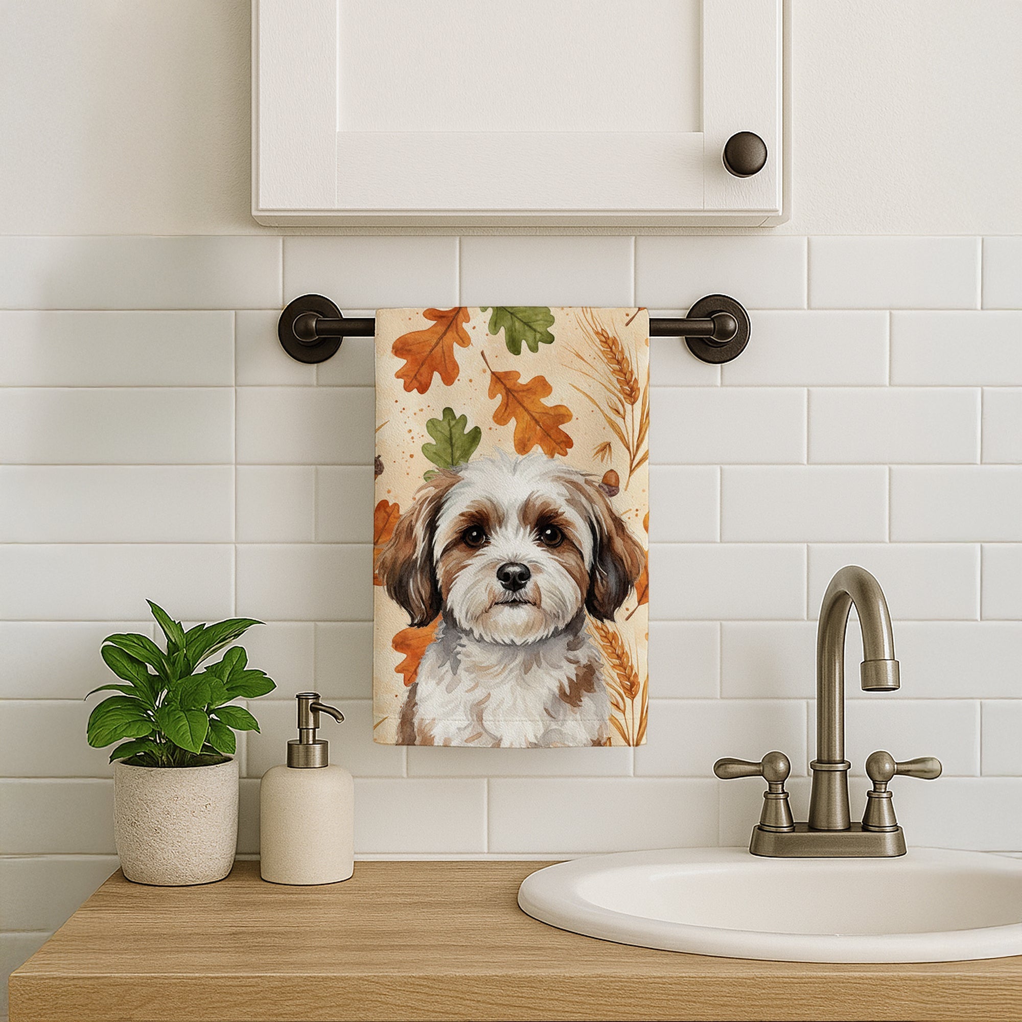 Parti-color Havanese Heirloom Fall Kitchen Towel Velour Plush Front and Cotton Loop Back Machine Washable