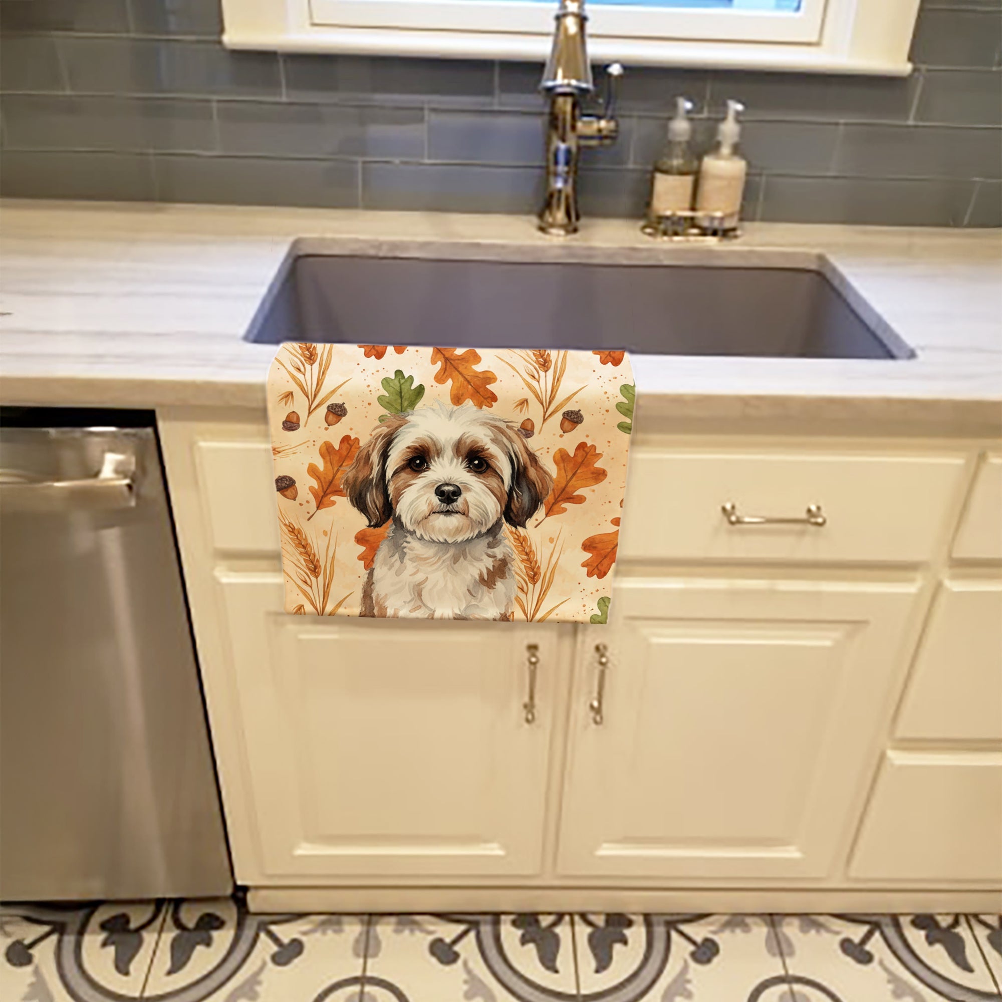 Parti-color Havanese Heirloom Fall Kitchen Towel Velour Plush Front and Cotton Loop Back Machine Washable