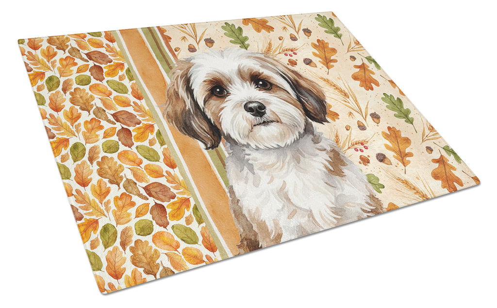 Parti-color Havanese Heirloom Fall Cutting Board Tempered Glass Kitchen Cutting Surface, Heat Resistant Chopping, Non-Slip Feet, Food Prep & Serving