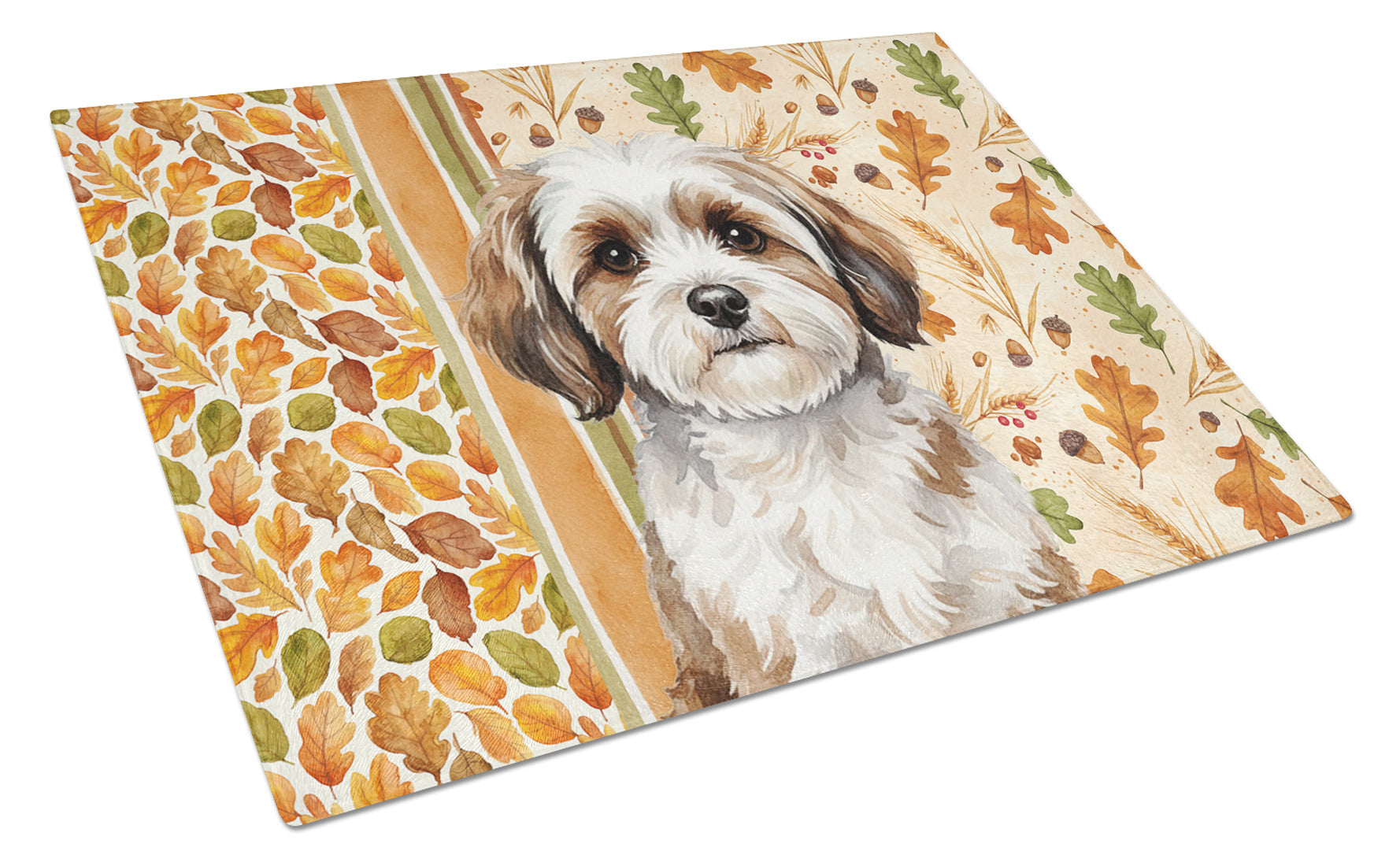 Parti-color Havanese Heirloom Fall Cutting Board Tempered Glass Kitchen Cutting Surface, Heat Resistant Chopping, Non-Slip Feet, Food Prep & Serving
