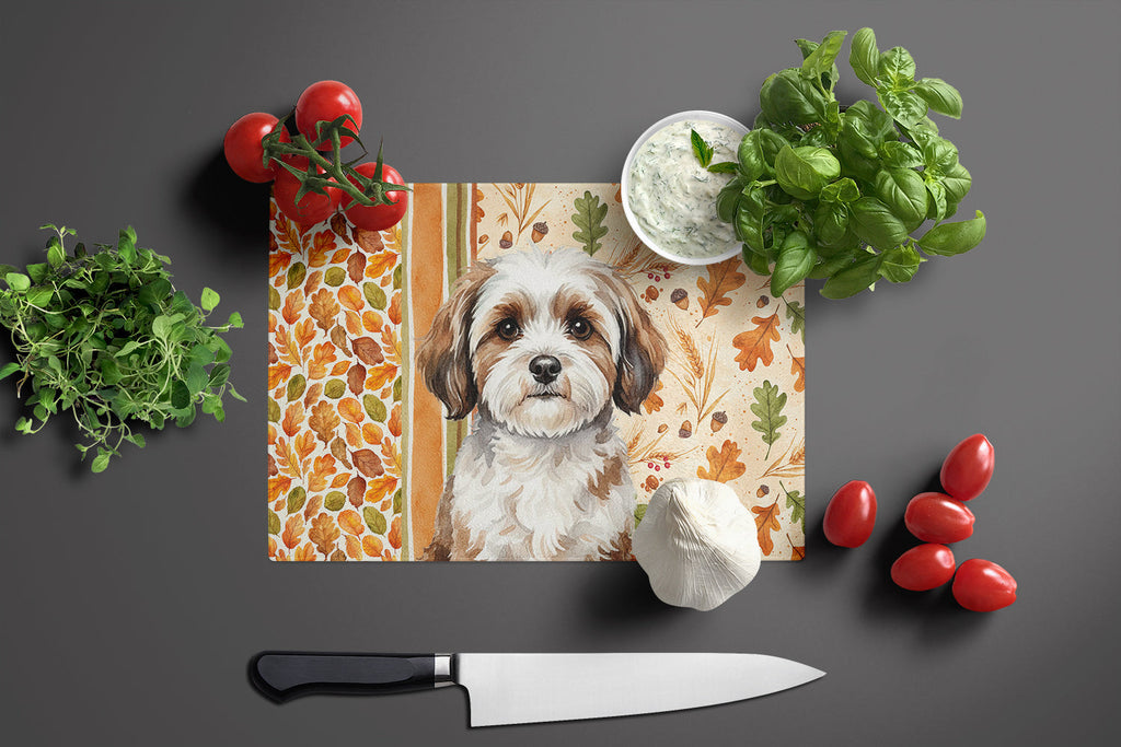 Parti-color Havanese Heirloom Fall Cutting Board Tempered Glass Kitchen Cutting Surface, Heat Resistant Chopping, Non-Slip Feet, Food Prep & Serving