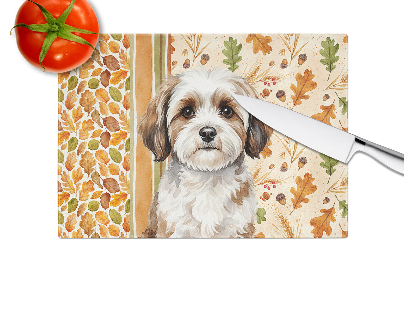 Parti-color Havanese Heirloom Fall Cutting Board Tempered Glass Kitchen Cutting Surface, Heat Resistant Chopping, Non-Slip Feet, Food Prep & Serving