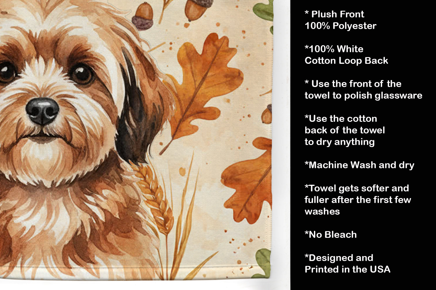 Sable Havanese Heirloom Fall Kitchen Towel Velour Plush Front and Cotton Loop Back Machine Washable