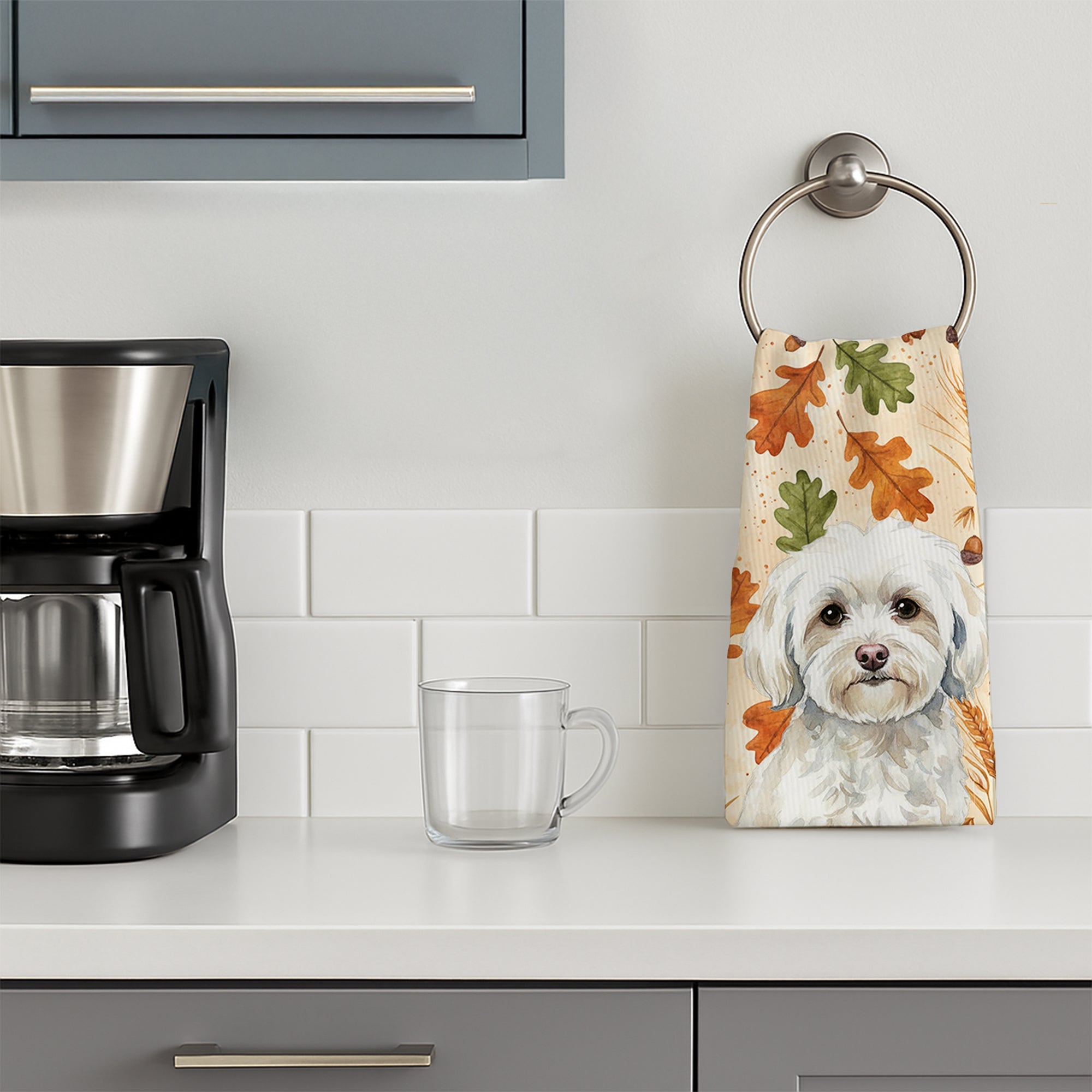 White Havanese Heirloom Fall Kitchen Towel Velour Plush Front and Cotton Loop Back Machine Washable
