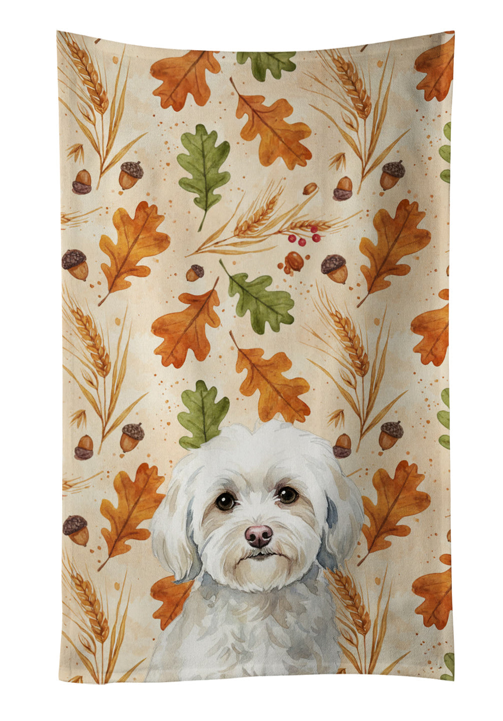 White Havanese Heirloom Fall Kitchen Towel Velour Plush Front and Cotton Loop Back Machine Washable