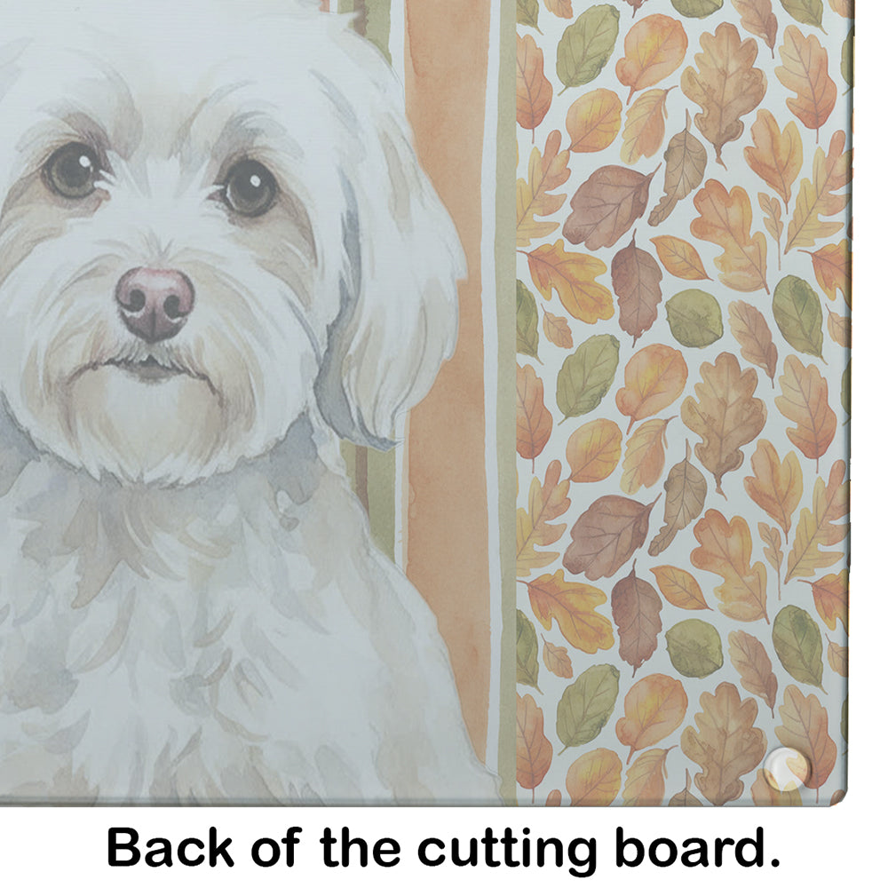White Havanese Heirloom Fall Cutting Board Tempered Glass Kitchen Cutting Surface, Heat Resistant Chopping, Non-Slip Feet, Food Prep & Serving