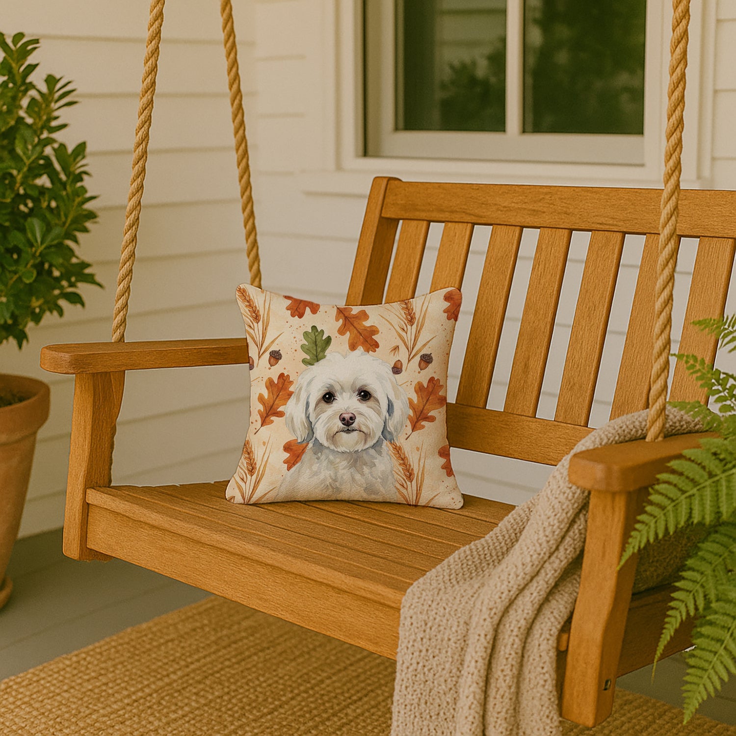 White Havanese Heirloom Fall Decorative Throw Pillow 14x14 Indoor Outdoor Accent Cushion, Fabric Cover with Insert for Sofa, Bed, Porch & Living Room