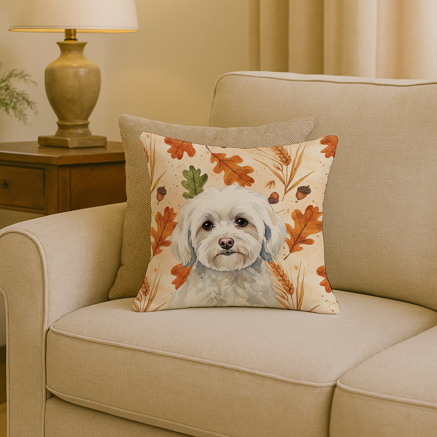 White Havanese Heirloom Fall Decorative Throw Pillow 18x18 Indoor Outdoor Accent Cushion, Fabric Cover with Insert for Sofa, Bed, Porch & Living Room