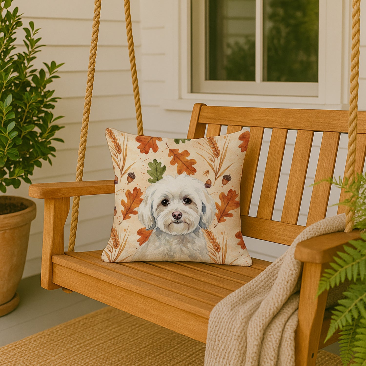 White Havanese Heirloom Fall Decorative Throw Pillow 18x18 Indoor Outdoor Accent Cushion, Fabric Cover with Insert for Sofa, Bed, Porch & Living Room