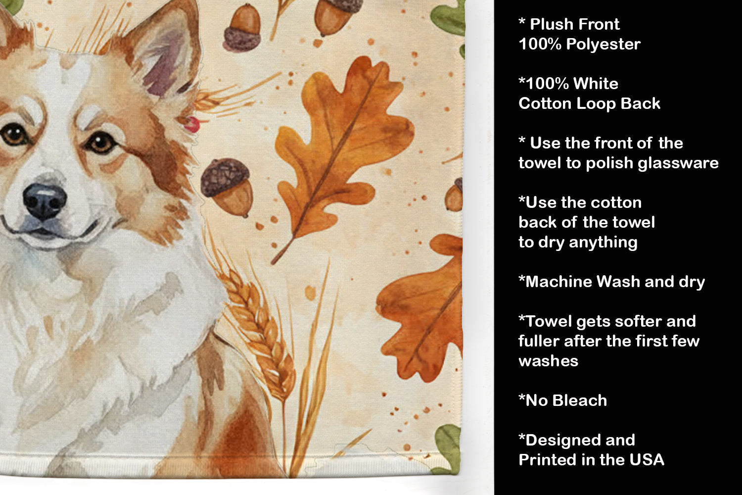 Tan Icelandic Sheepdog Heirloom Fall Kitchen Towel Velour Plush Front and Cotton Loop Back Machine Washable